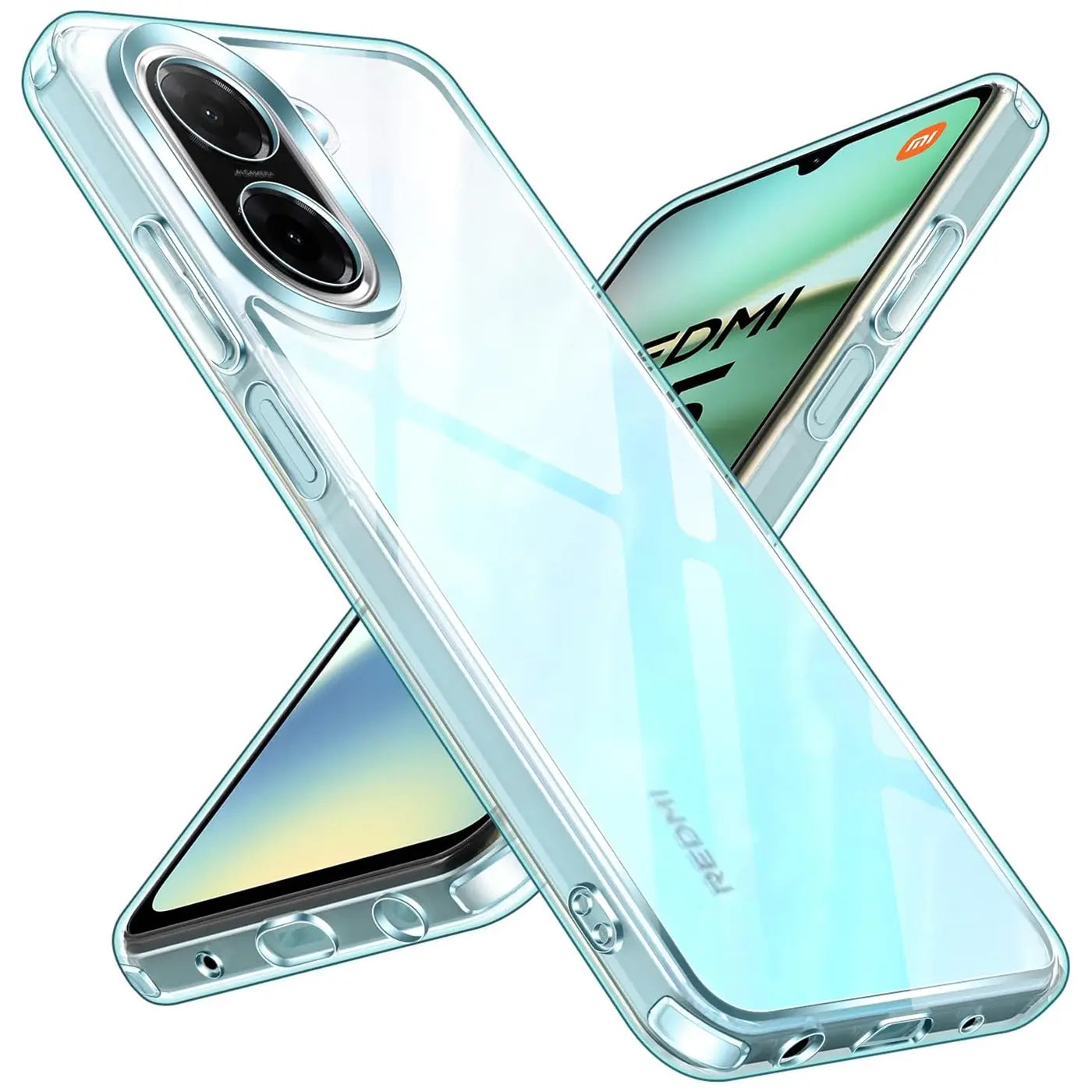 Klar, transparentes Silikon-Case mit Xiaomi Redmi A5. Von schräg oben.