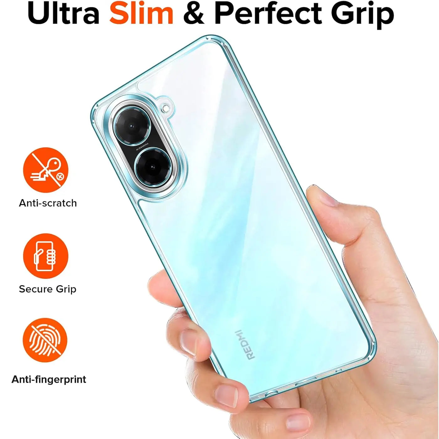 Klar, durchsichtiges Handyhülle aus Kunststoff, von hinten gezeigt, hält Hand. Xiaomi Redmi A5.