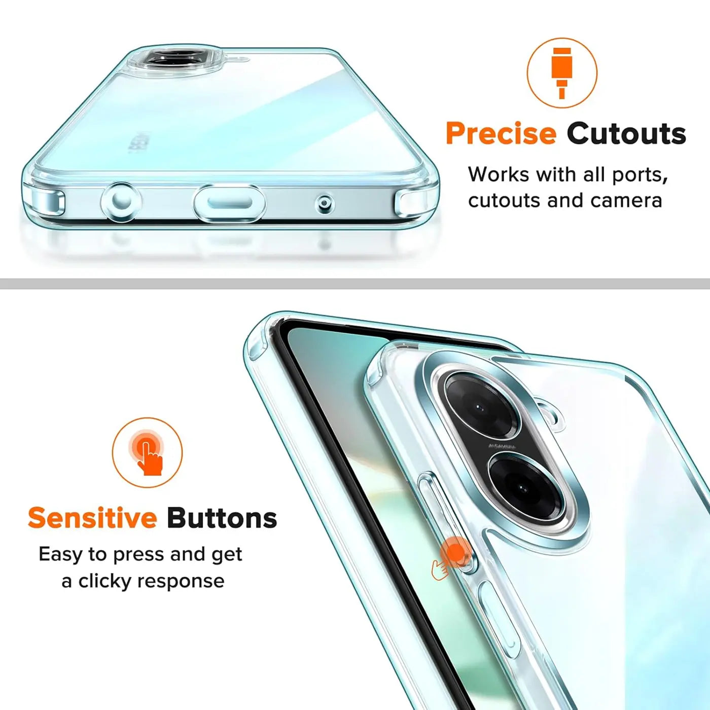 Klar, transparentes Handyhülle aus Kunststoff, Nahaufnahme der Rückseite und Unterseite eines Smartphones.