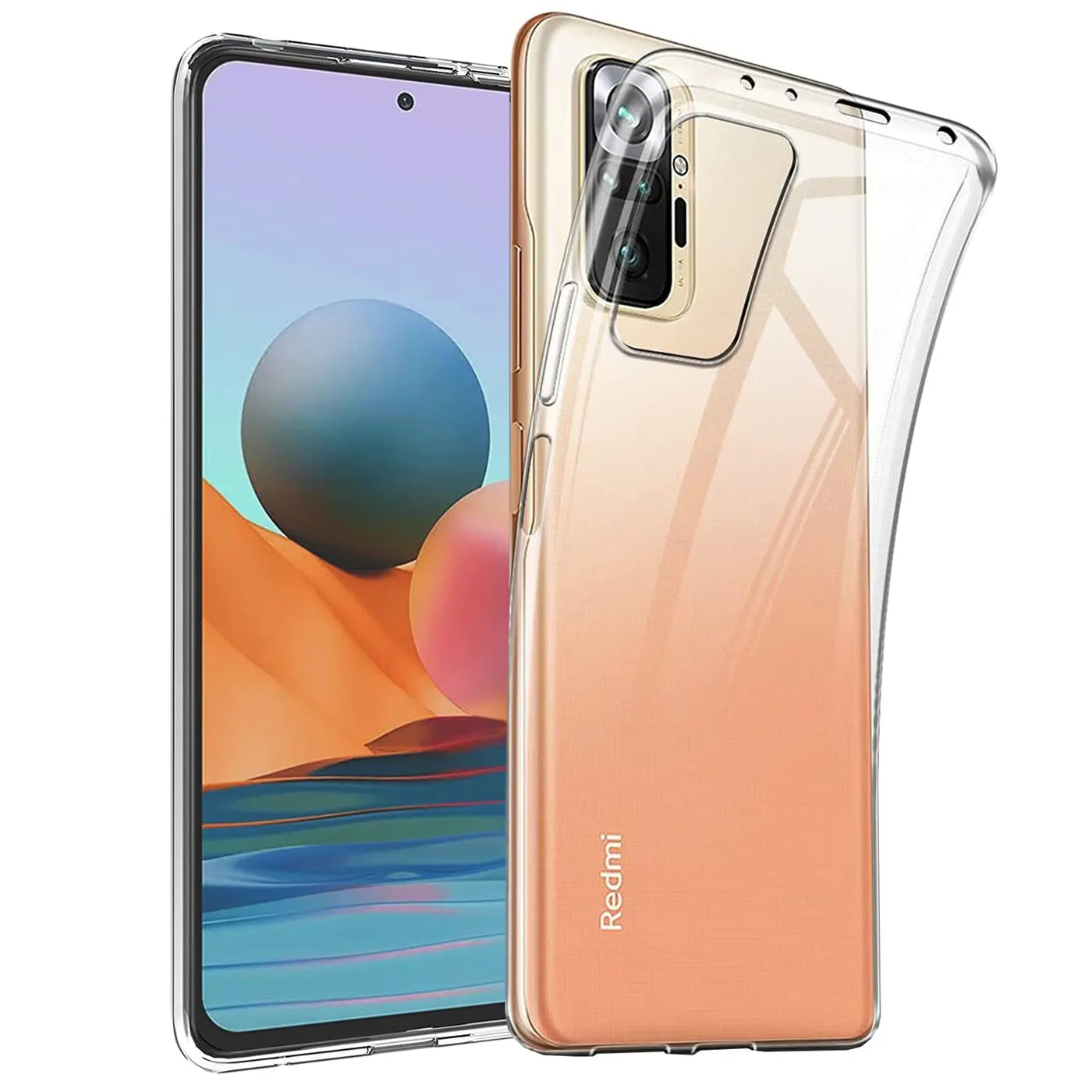Klar, transparentes Slim Case aus TPU auf einem Xiaomi Redmi Note 10 Pro, Seitenansicht.