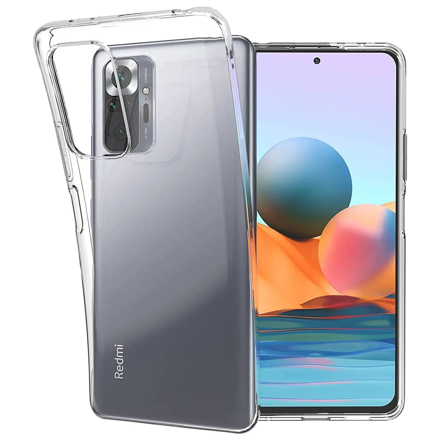 Transparentes Silikon-Case um ein Xiaomi Redmi Note 10 Pro, von vorne links gezeigt.
