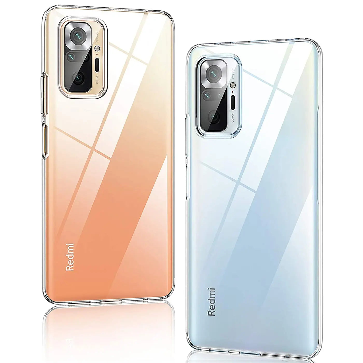 Zwei transparente Handyhüllen aus TPU für Xiaomi Redmi Note 10 Pro, orange und blau.