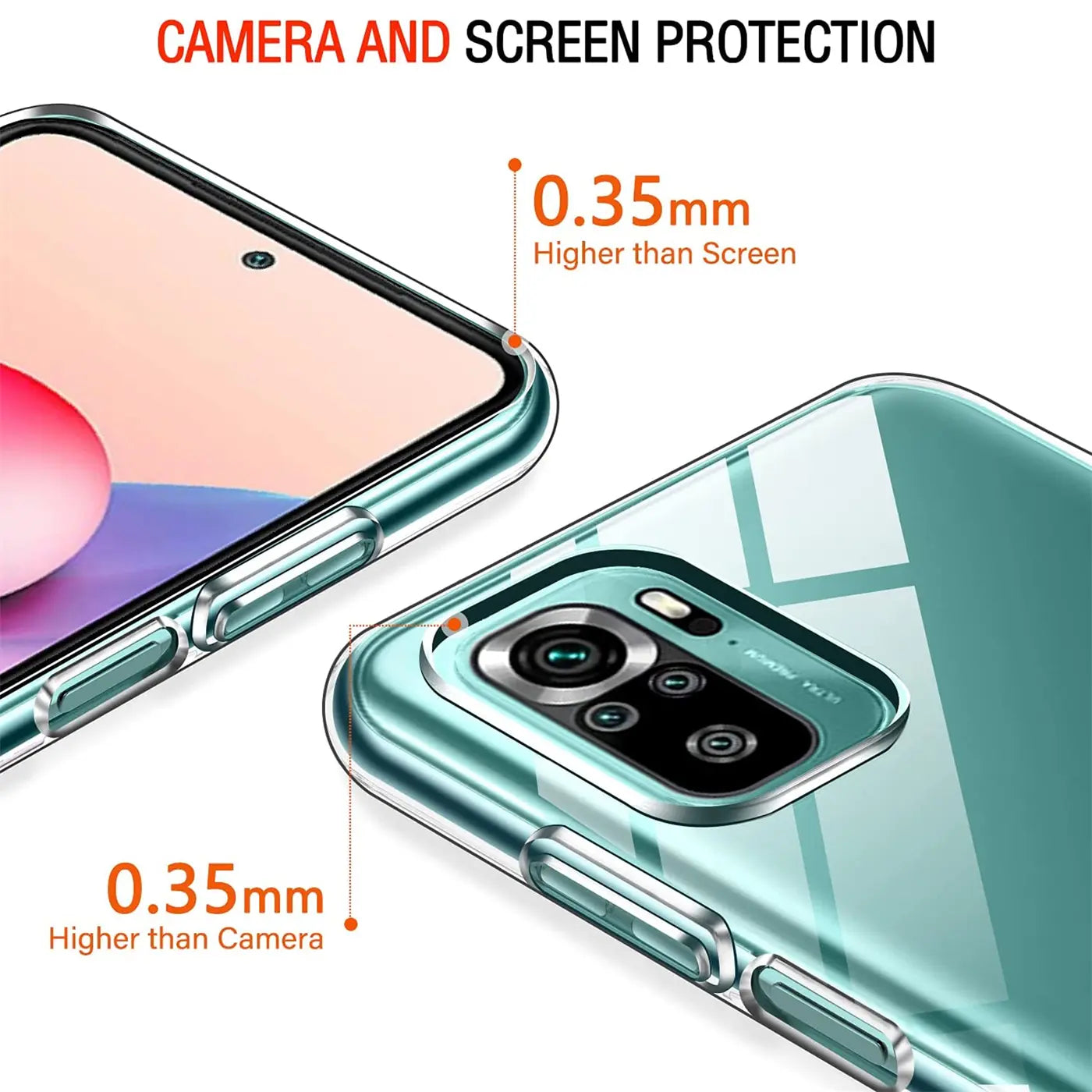 Klarhülle aus Kunststoff zeigt Kamera und Bildschirm eines Xiaomi Redmi Note 10/10S.