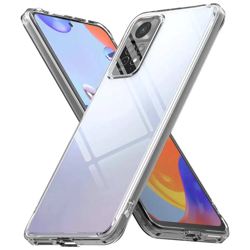 Klares Handyhülle aus Kunststoff, schräg von vorne, zeigt Xiaomi Redmi Note 11 Pro+ 5G.