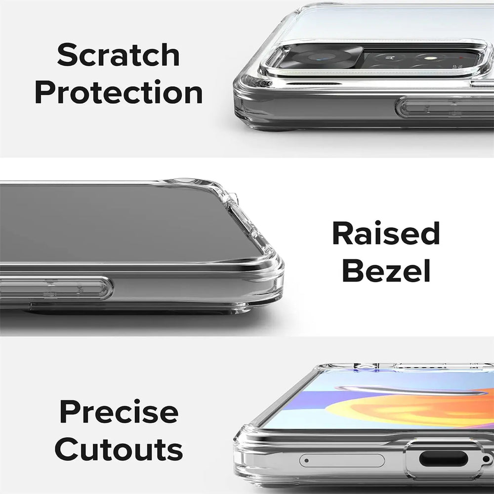 Transparente Hülle aus Kunststoff, Nahaufnahme, zeigt Xiaomi Redmi Note 11 Pro+ 5G.