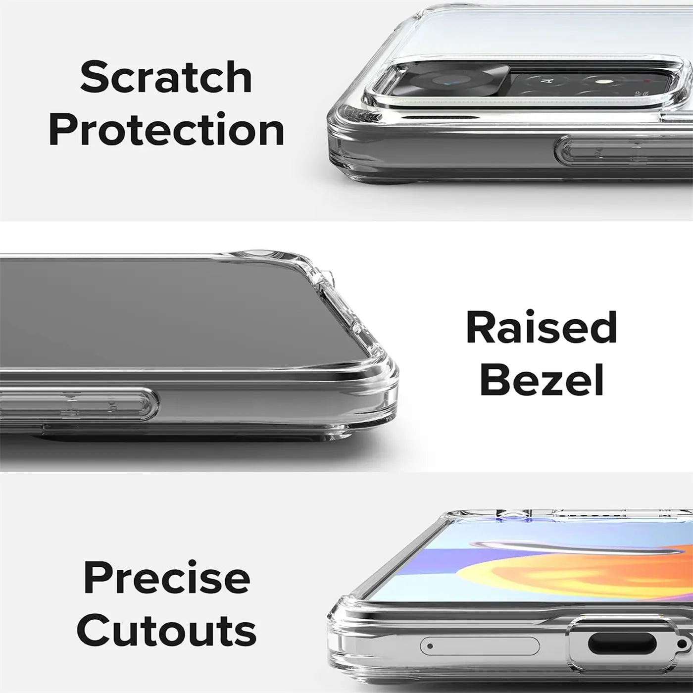 Transparente Hülle aus Kunststoff, Nahaufnahme, zeigt Xiaomi Redmi Note 11 Pro+ 5G.
