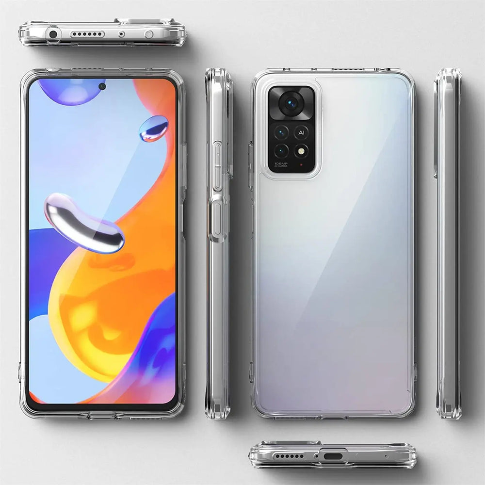 Xiaomi Redmi Note 11 Pro+ 5G in transparentem Silikon-Case, verschiedene Ansichten.