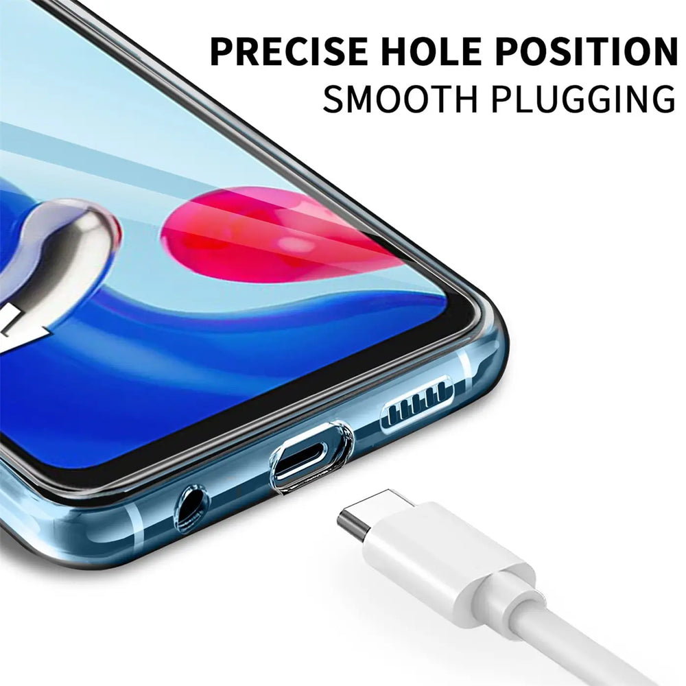 Klares Handyhülle aus Kunststoff, Nahaufnahme, USB-C-Anschluss wird eingesteckt.