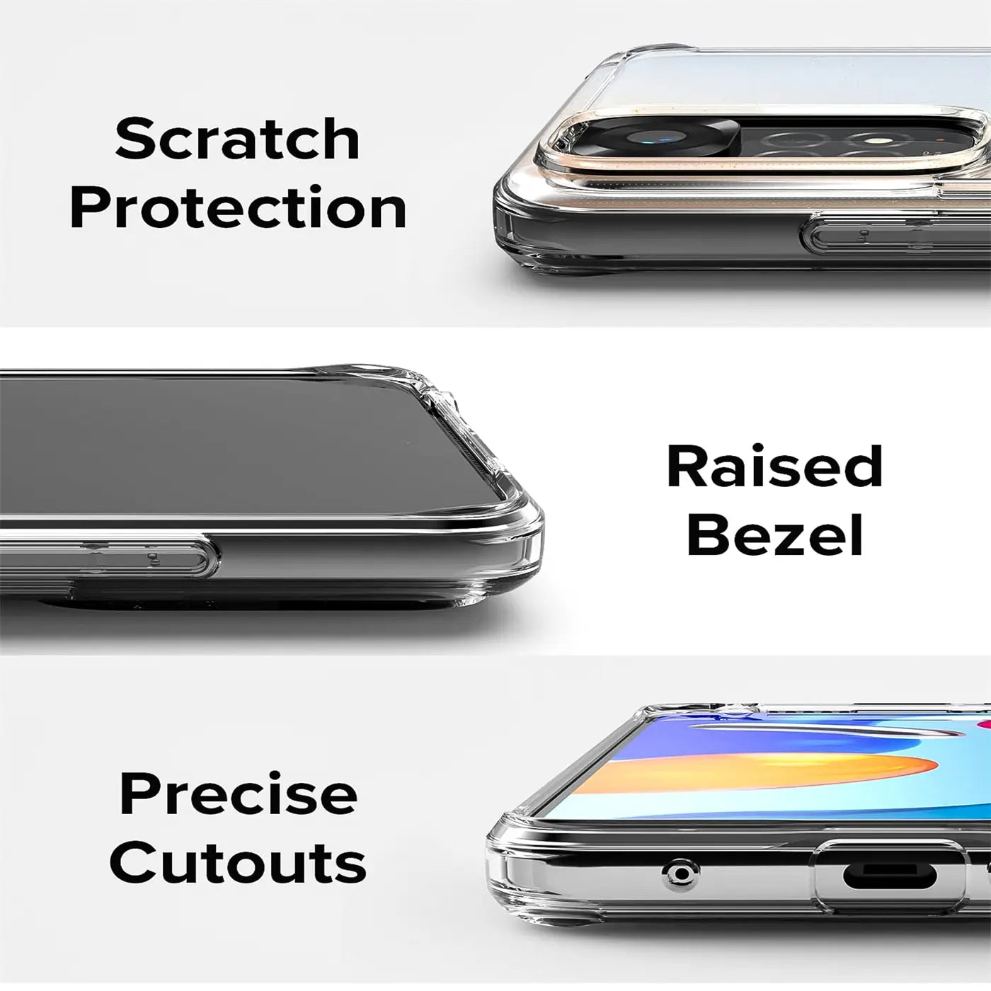 Klares Handyhülle aus Kunststoff, Nahaufnahme, zeigt Kamera und präzise Aussparungen an einem Xiaomi Redmi Note 11 / 11s.