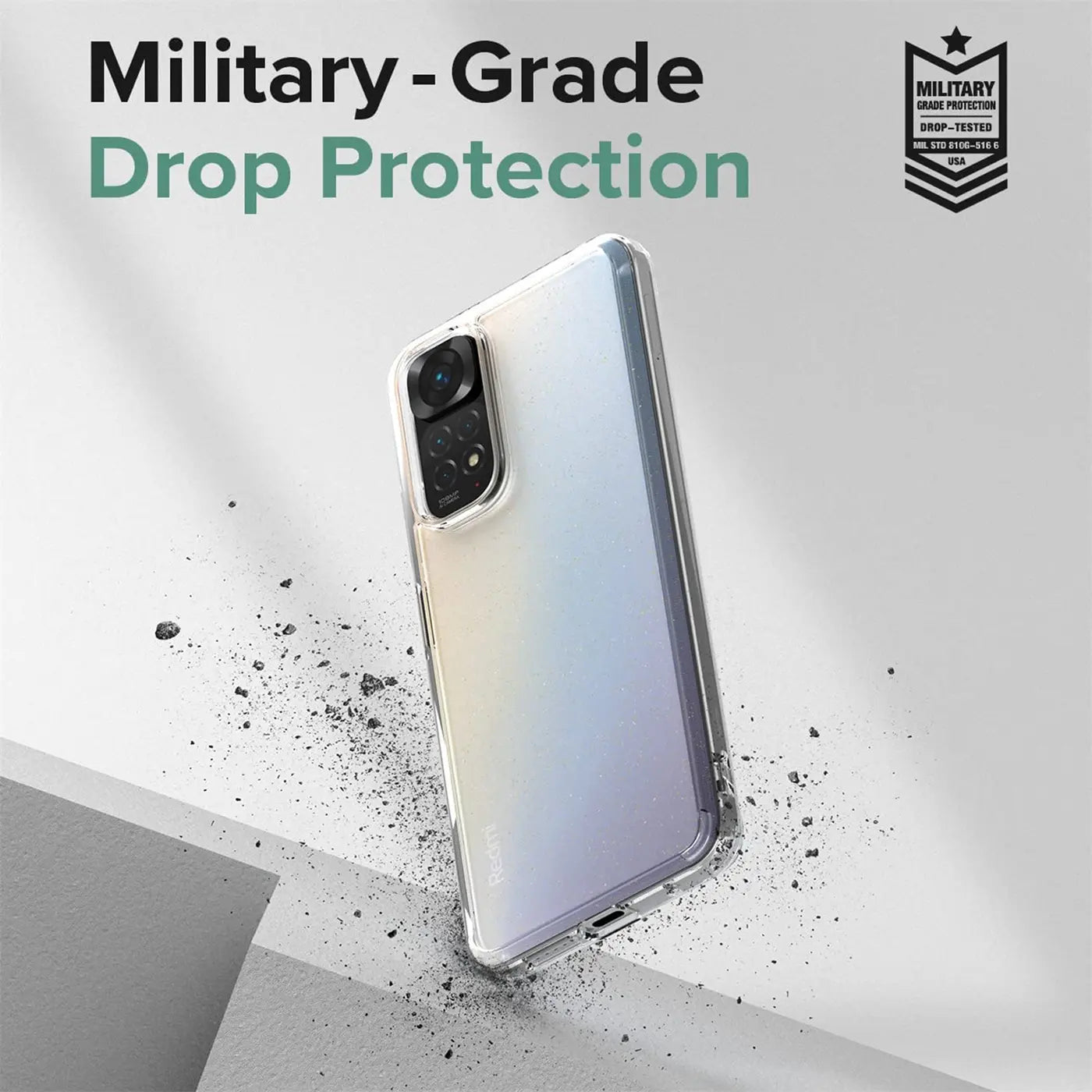 Klares Handyhülle aus Kunststoff, schräg von oben auf ein Xiaomi Redmi Note 11 / 11s gelegt.