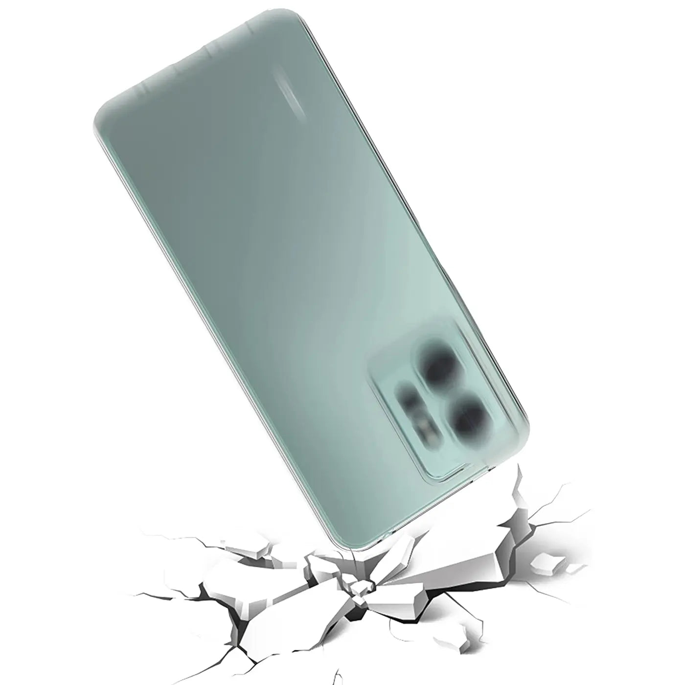 Grünes Xiaomi Redmi Note 12 4G in transparentem Case, von schräg oben, fällt auf zerbrochenen Boden.