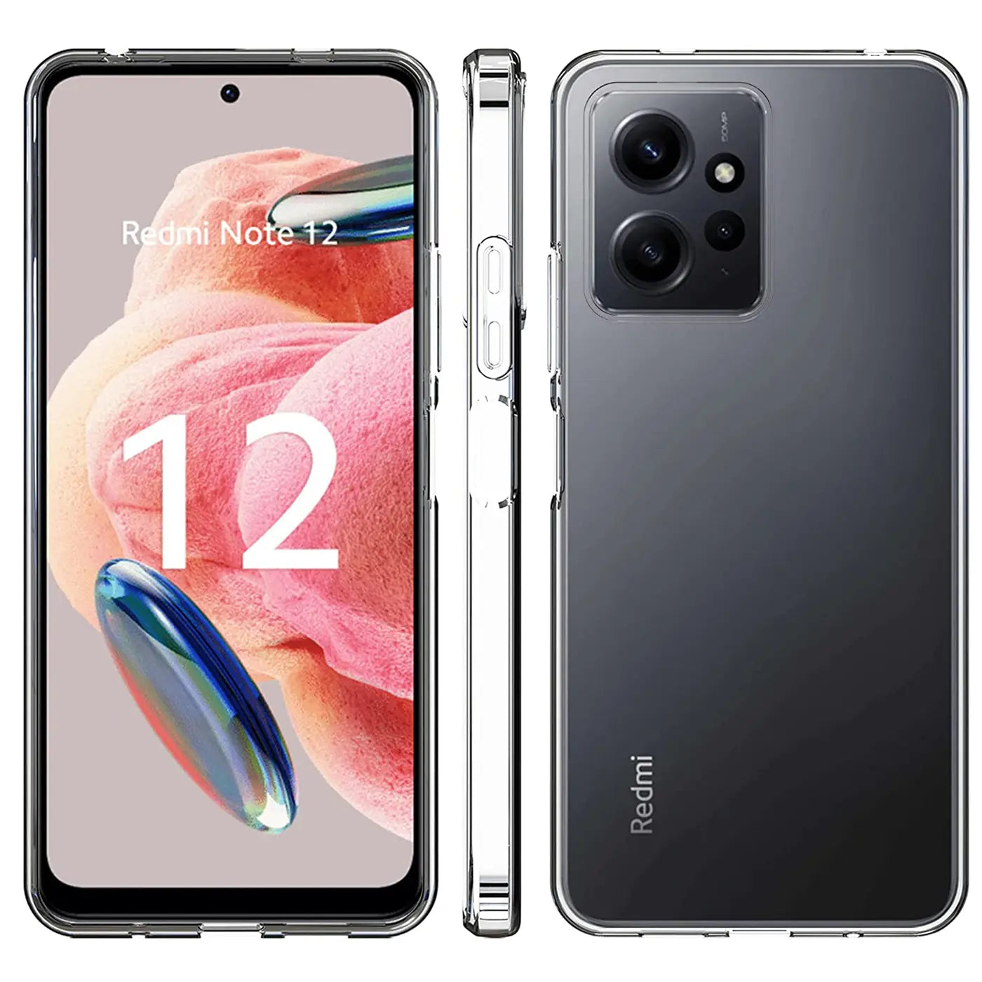 Klarhülle aus Kunststoff, Vorder-, Seiten- und Rückansicht des Xiaomi Redmi Note 12 4G.