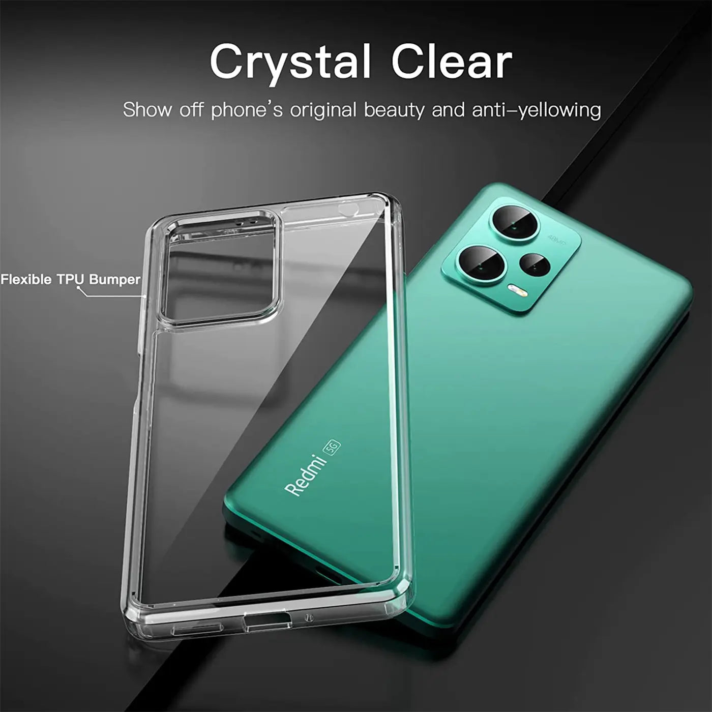Klar transparente TPU-Hülle neben einem grünen Xiaomi Redmi Note 12 5G.