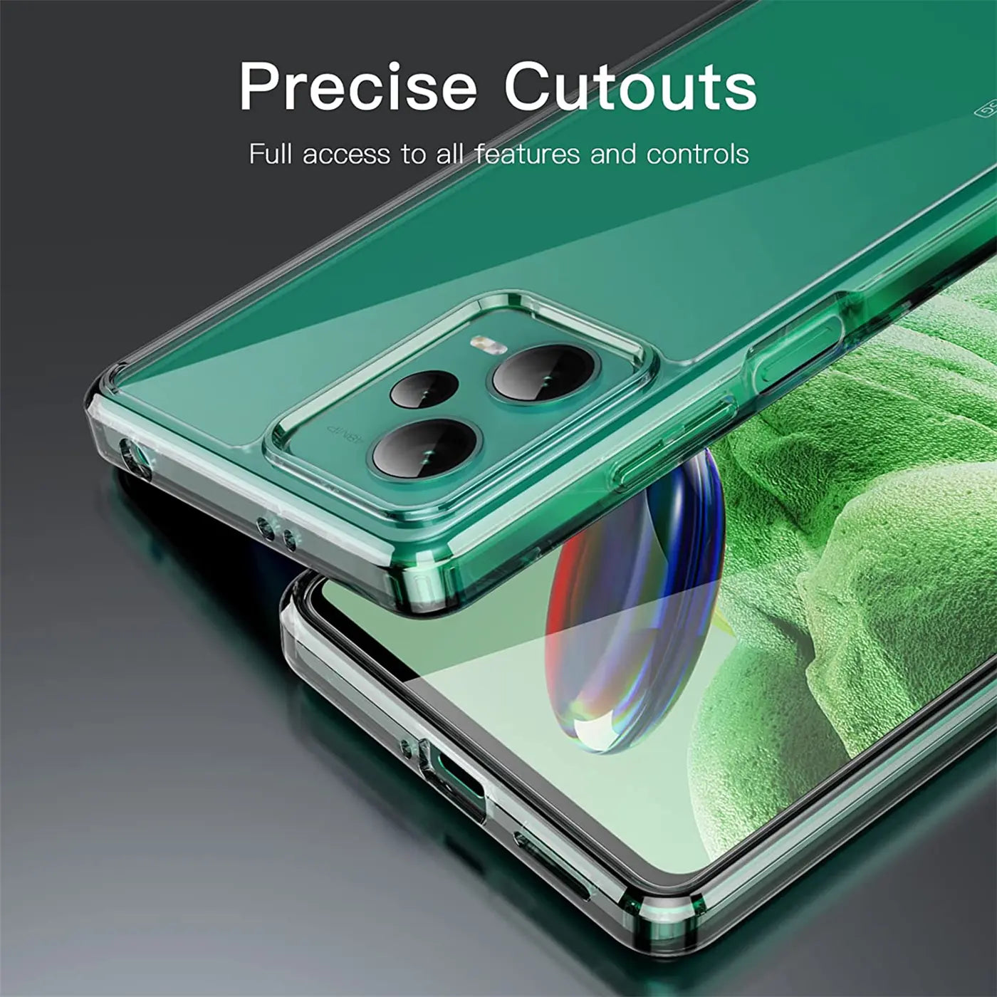 Grüne, transparente Handyhülle aus Kunststoff auf einem Xiaomi Redmi Note 12 5G, Nahaufnahme.