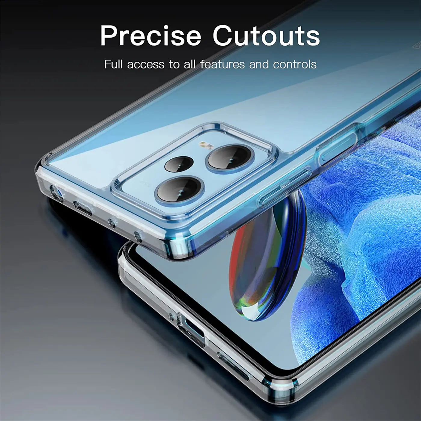 Klares, transparentes Handyhülle aus Kunststoff, Nahaufnahme, Xiaomi Redmi Note 12 Pro 5G.