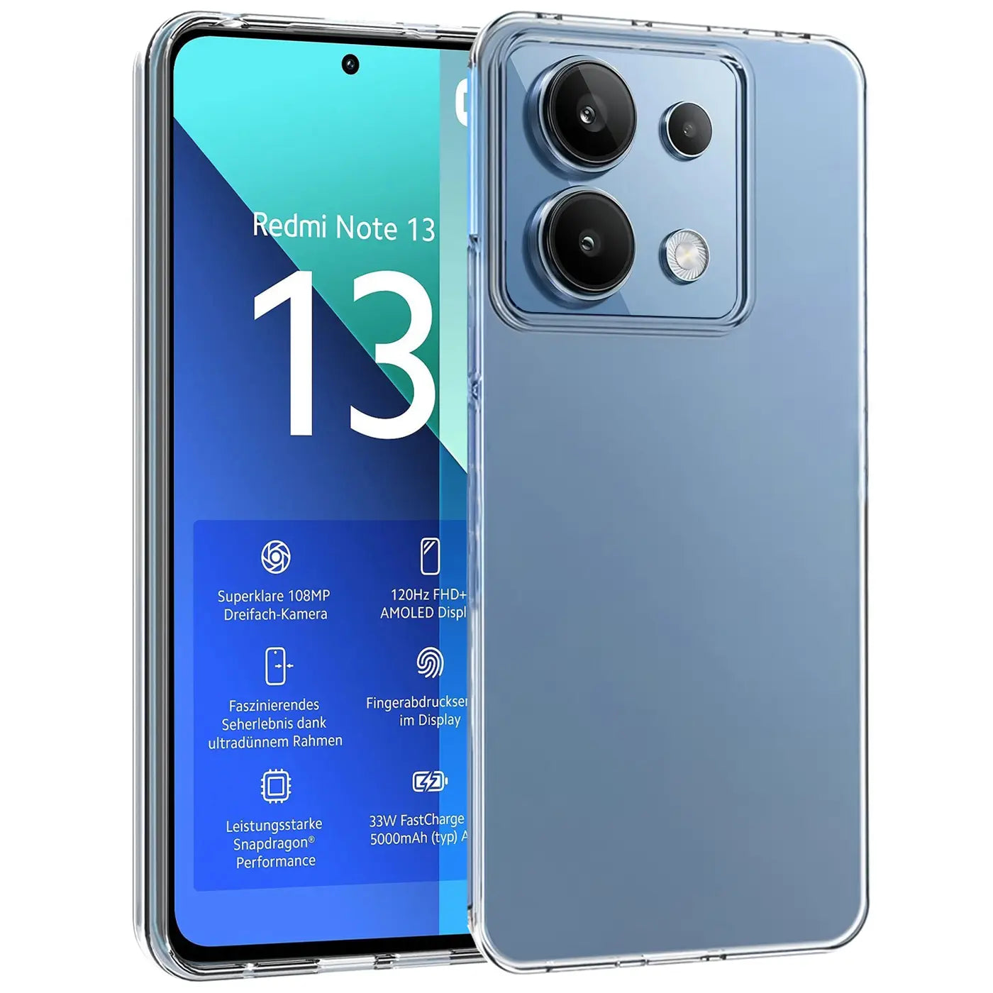 Transparentes Slim Case aus Kunststoff, Vorder- und Rückansicht, Xiaomi Redmi Note 13 4G.