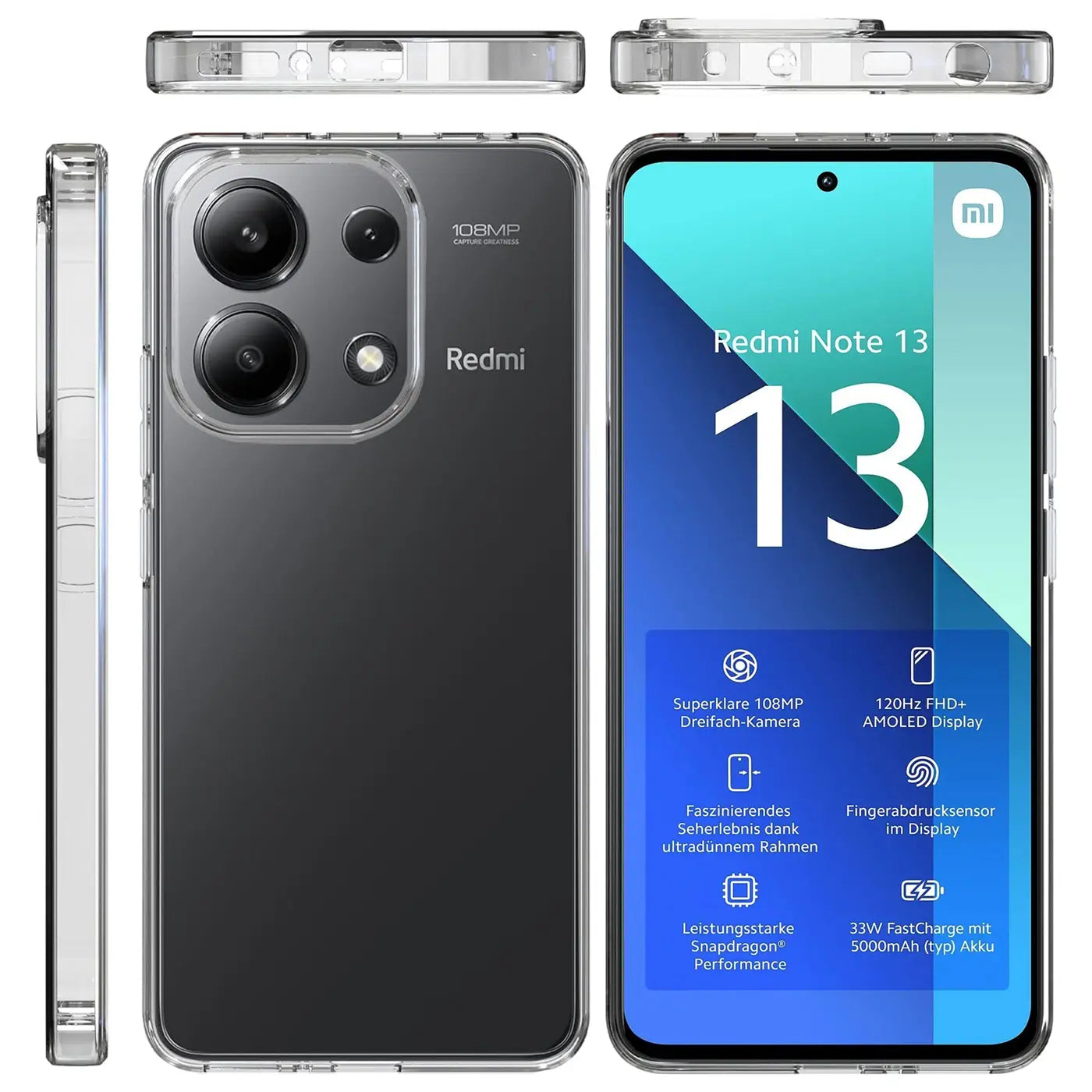 Klarhülle aus TPU, Rückseite und Seitenansicht eines Xiaomi Redmi Note 13 4G.