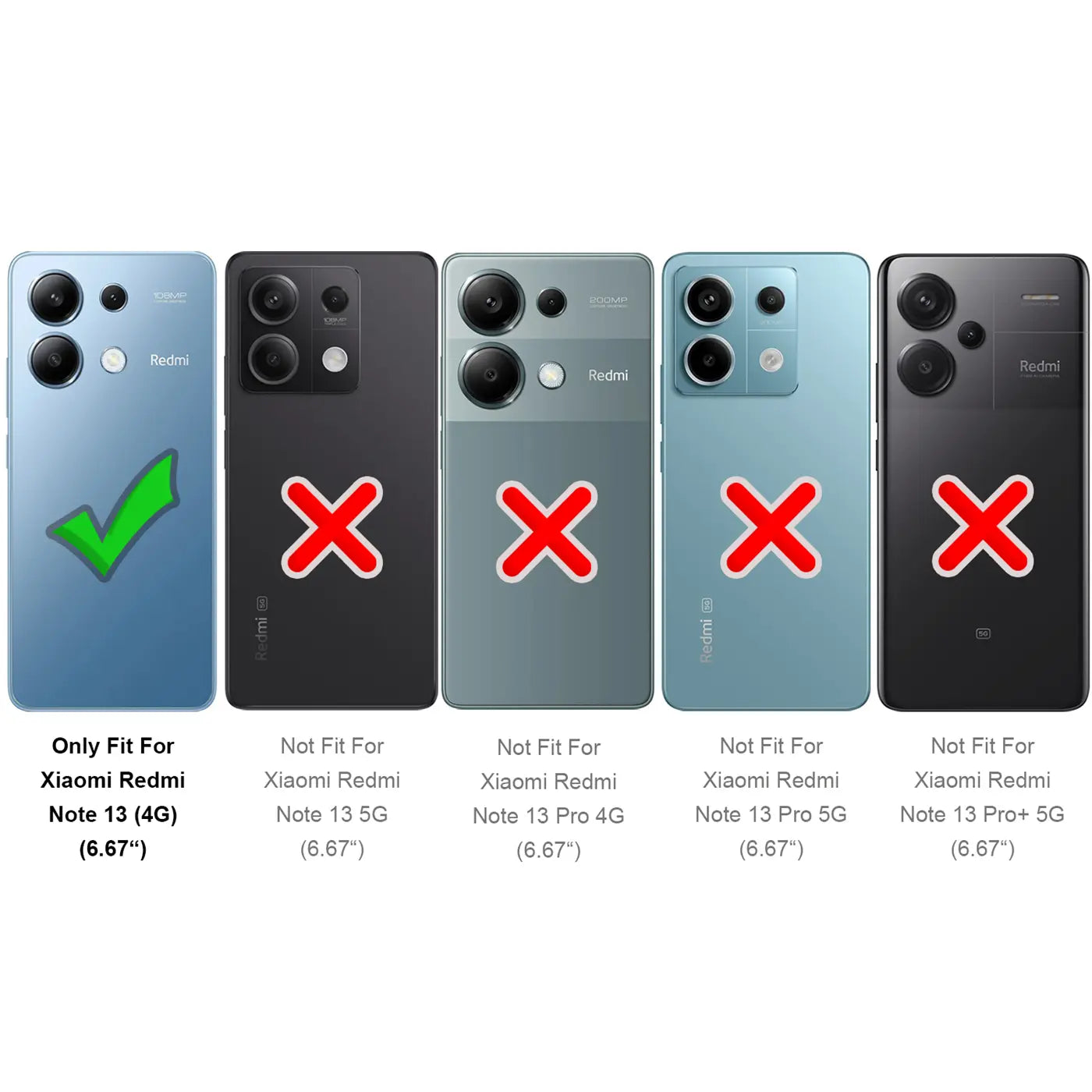 Fünf Smartphones, eines mit grünem Haken, vier mit rotem Kreuz.