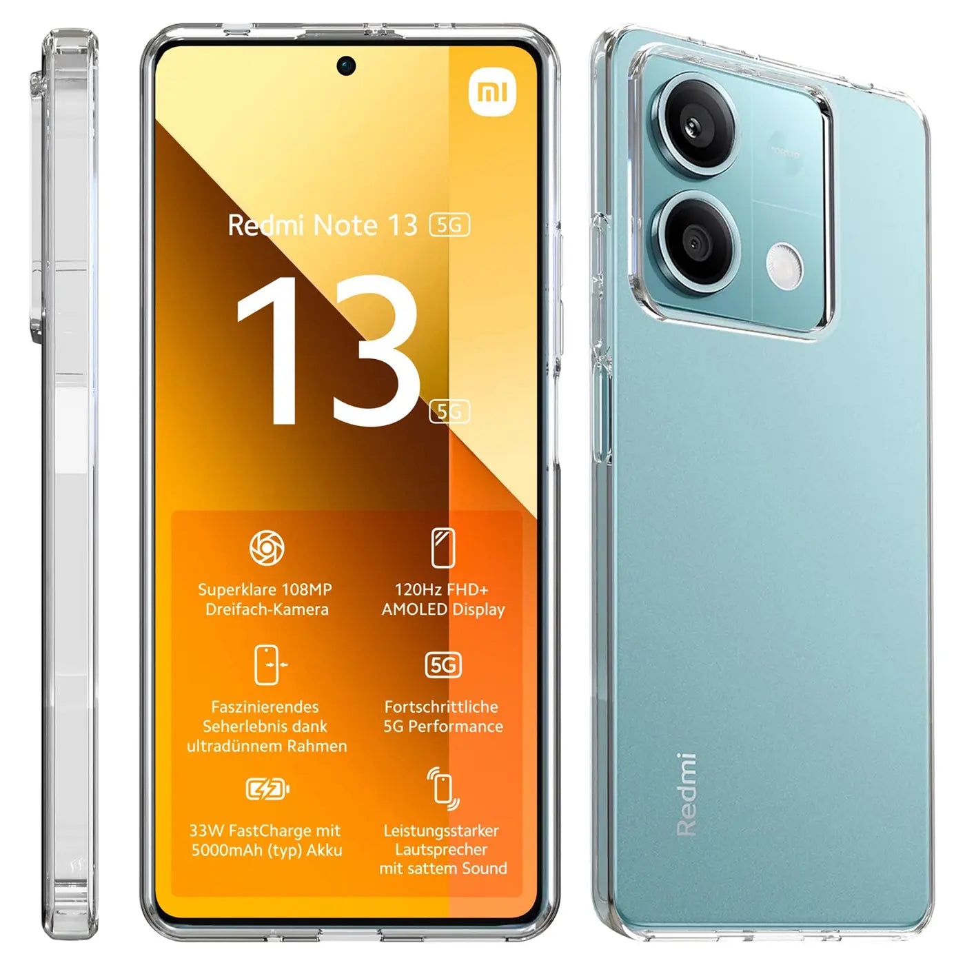 Klarhülle aus Kunststoff, zeigt Xiaomi Redmi Note 13 5G von vorne, Seite und hinten.