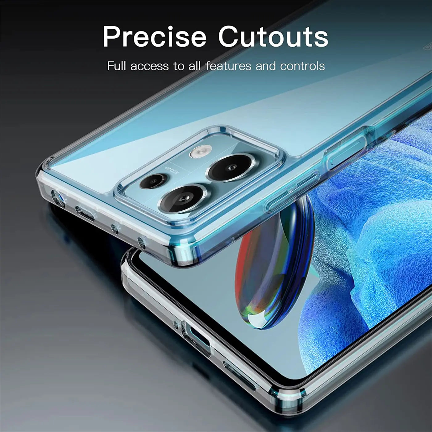 Klar, transparentes Handy-Case aus TPU, Nahaufnahme, Rückseite mit Kamera, Vorderseite mit Display.