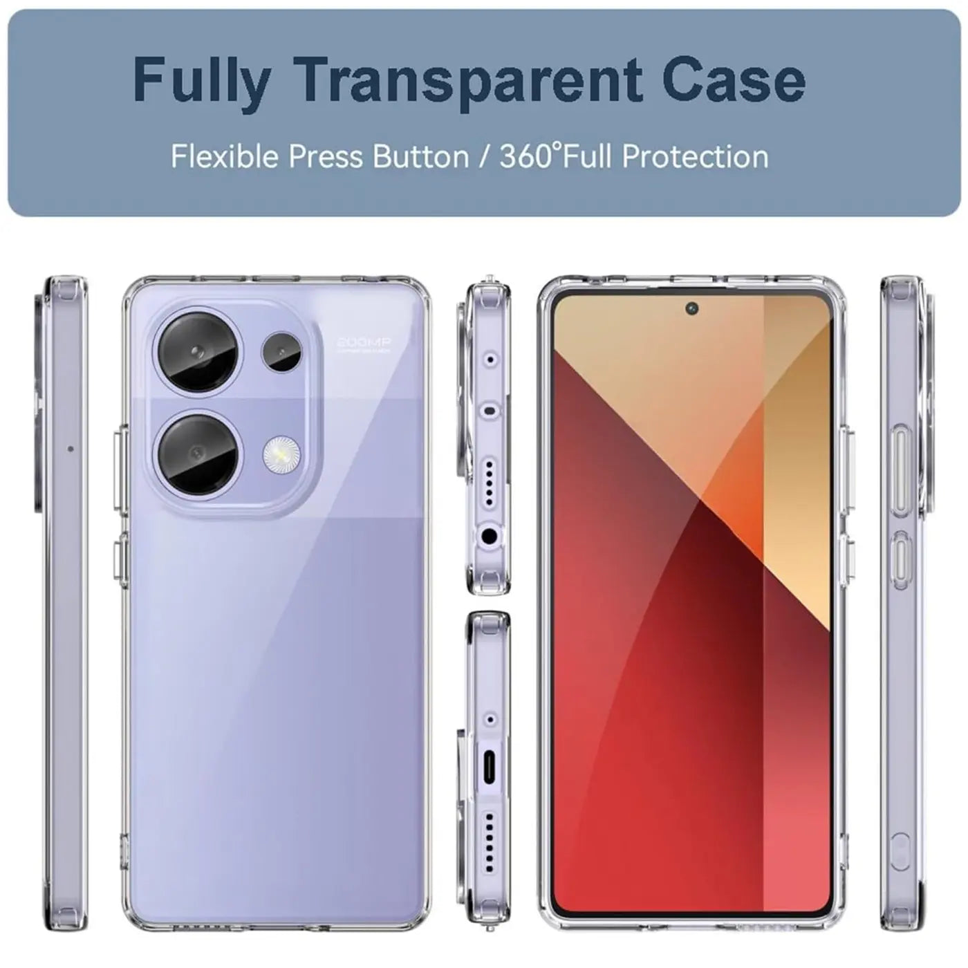 Durchsichtige Hülle aus flexiblem Material für Xiaomi Redmi Note 13 Pro 4G, verschiedene Ansichten.