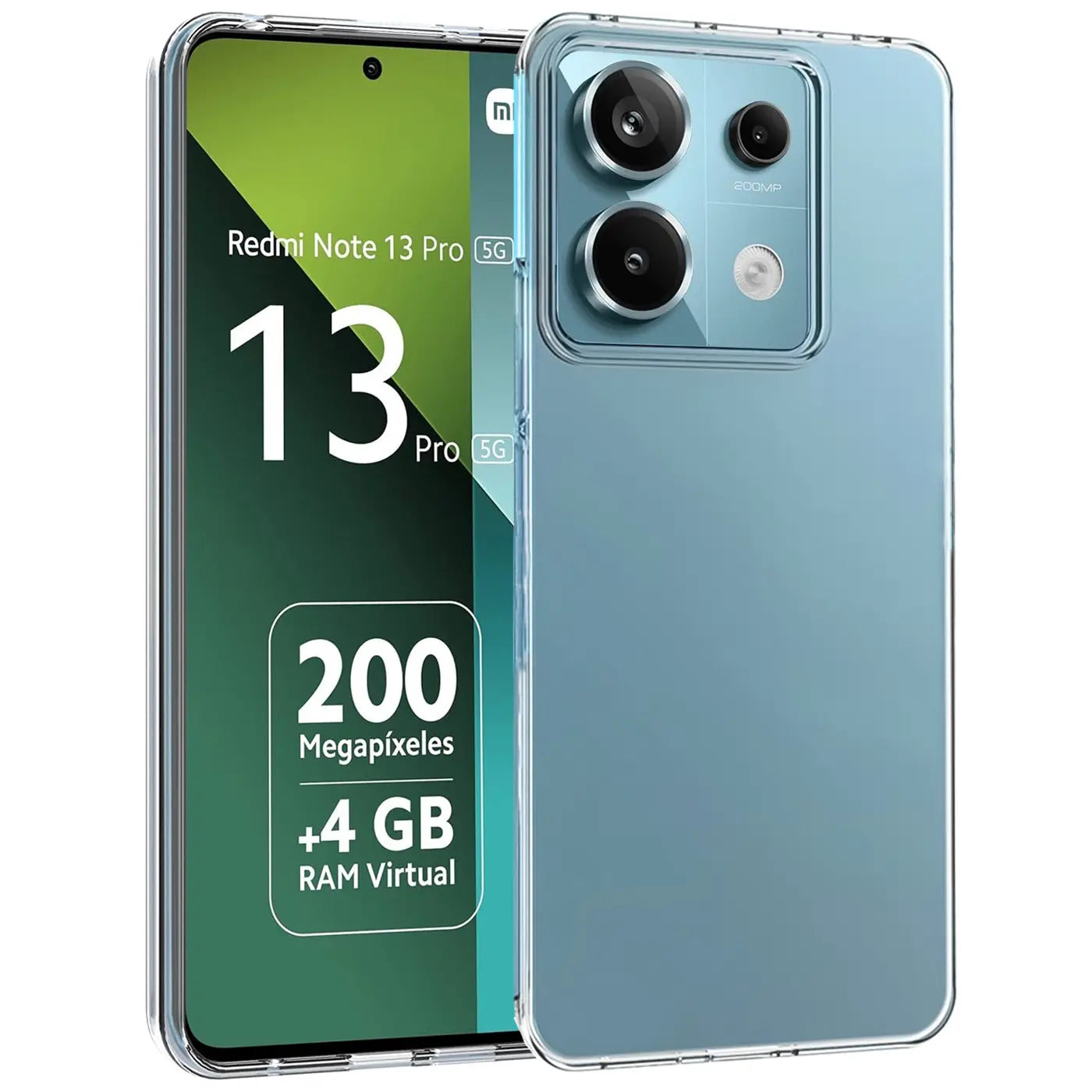 Klares, transparentes Handy-Case aus Kunststoff, von vorne und leicht schräg, zeigt Xiaomi Redmi Note 13 Pro 5G.