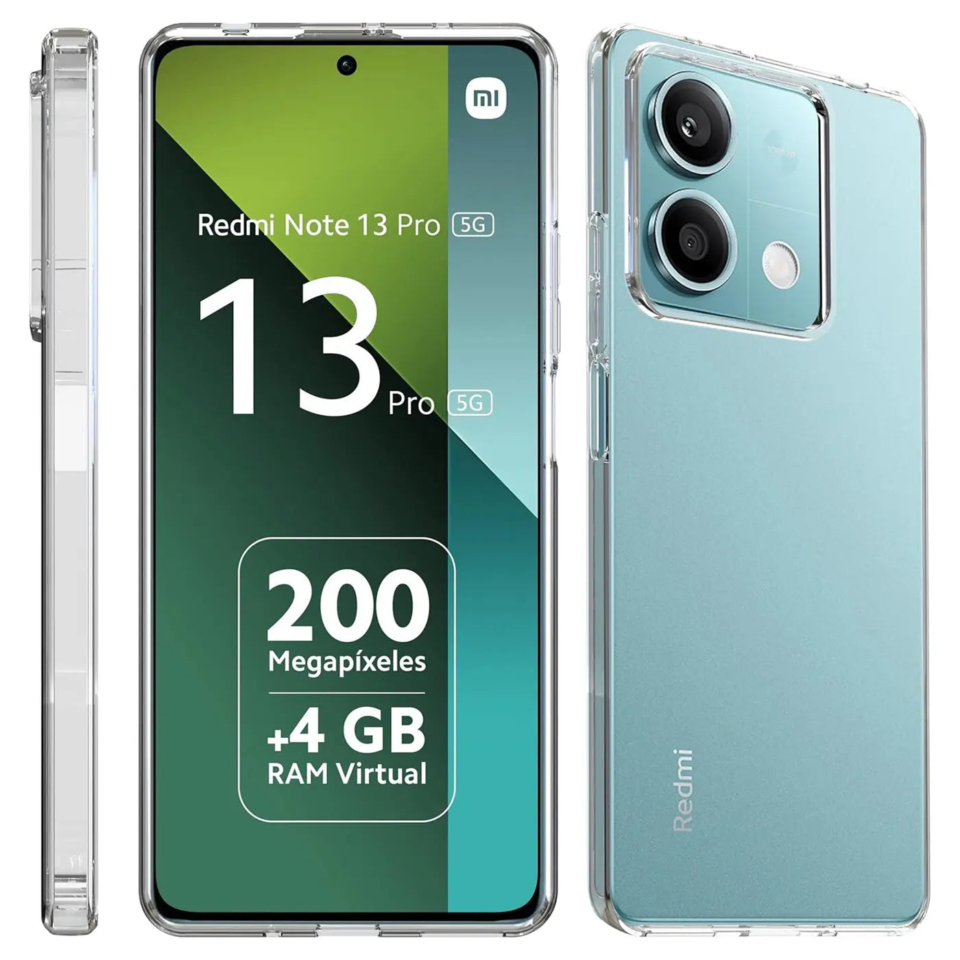 Klares Handyhülle, transparent, von vorne und Seite, zeigt Xiaomi Redmi Note 13 Pro 5G.