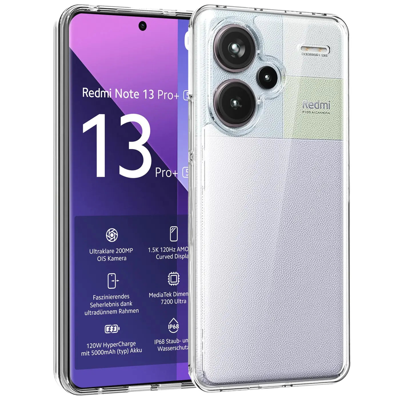 Klares Handy-Case aus Kunststoff, Vorder- und Rückansicht, Xiaomi Redmi Note 13 Pro+ 5G.