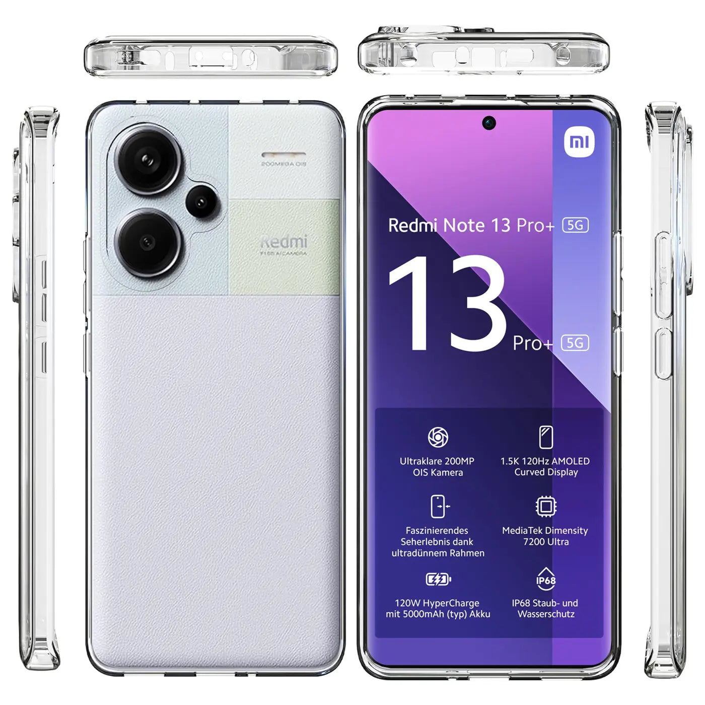 Klarhülle aus Kunststoff um ein Xiaomi Redmi Note 13 Pro+ 5G, verschiedene Ansichten.