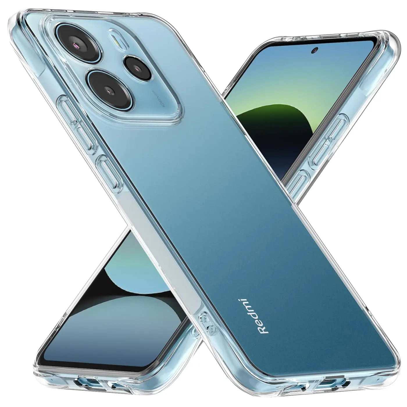 Transparente Hülle aus TPU für Xiaomi Redmi Note 14 4G, von schräg oben fotografiert.
