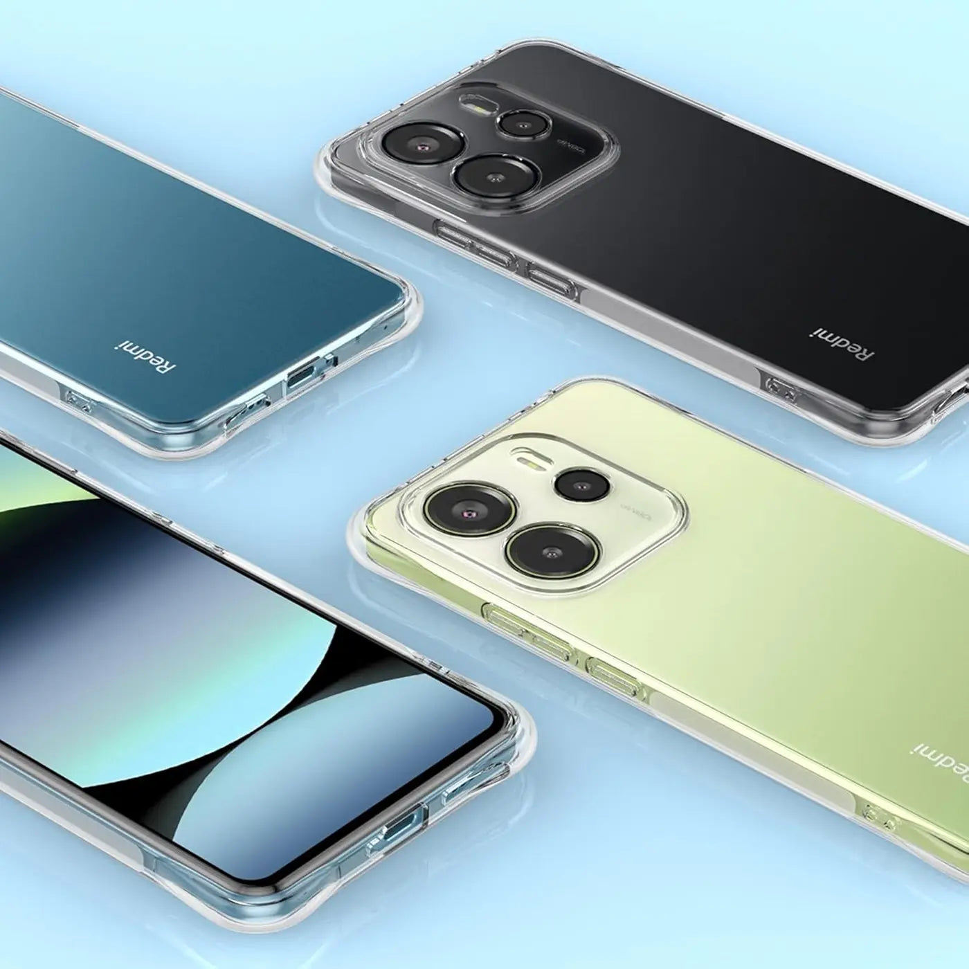 Vier transparente Handyhüllen in Blau, Schwarz und Grün, aus Kunststoff, aus der Vogelperspektive, mit Xiaomi Redmi Note 14.