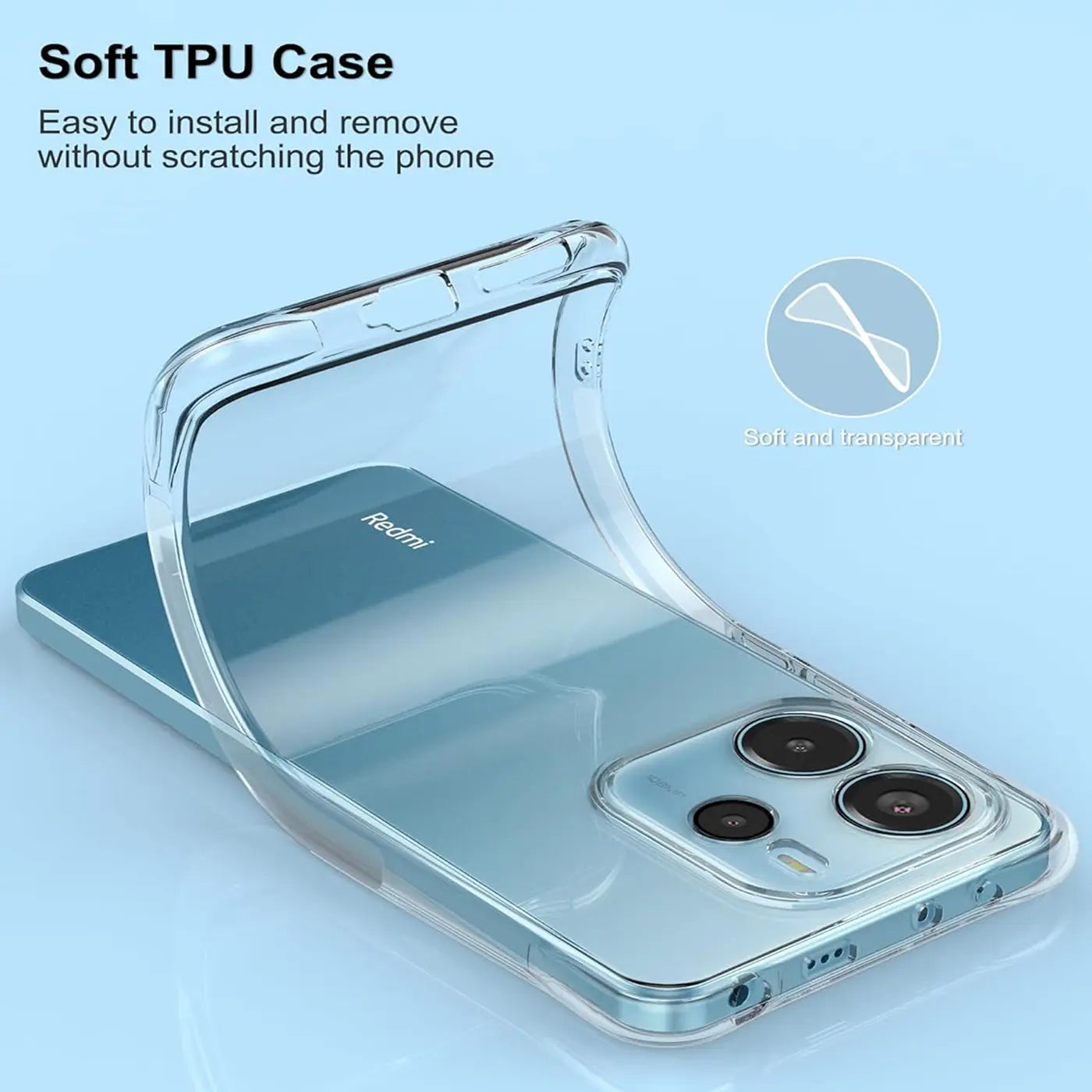 Klares TPU-Case über einem blauen Xiaomi Redmi Note 14 5G, von hinten schräg fotografiert.