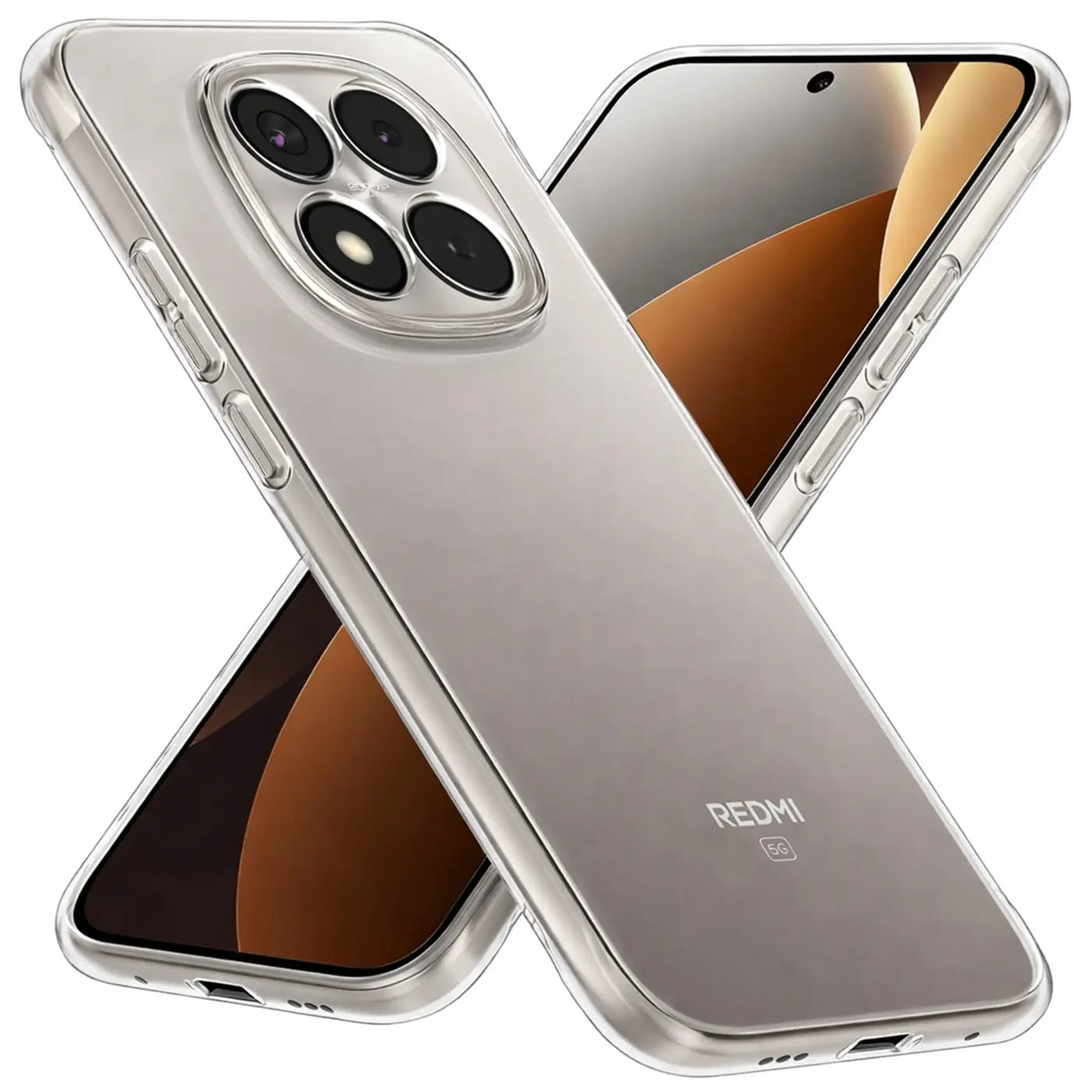Klares, transparentes Handyhülle aus Kunststoff, seitliche Ansicht, zeigt Xiaomi Redmi Note 15 Pro 5G.