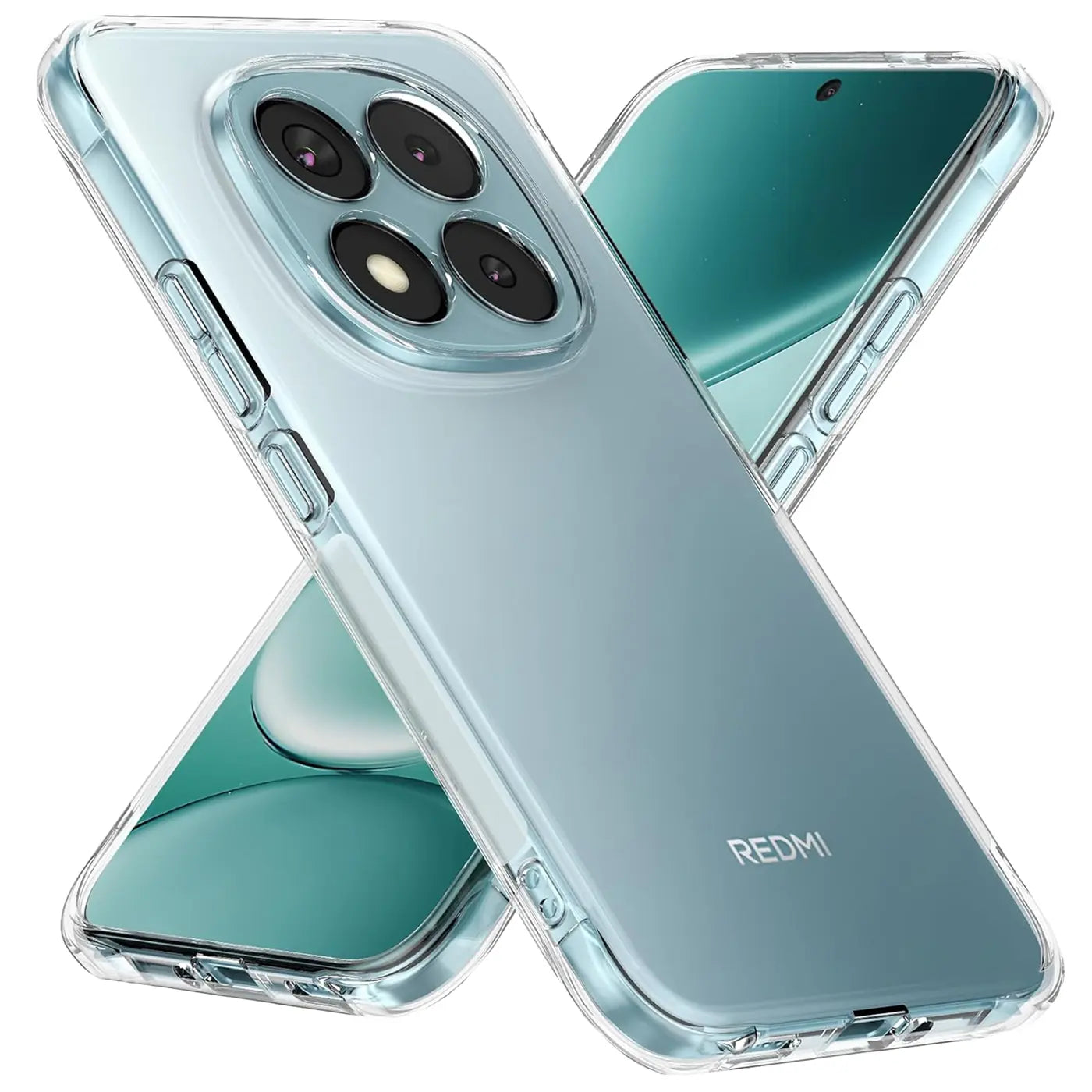 Transparente Hülle aus Kunststoff für ein Xiaomi Redmi Note 15 Pro+ 5G, von schräg oben.