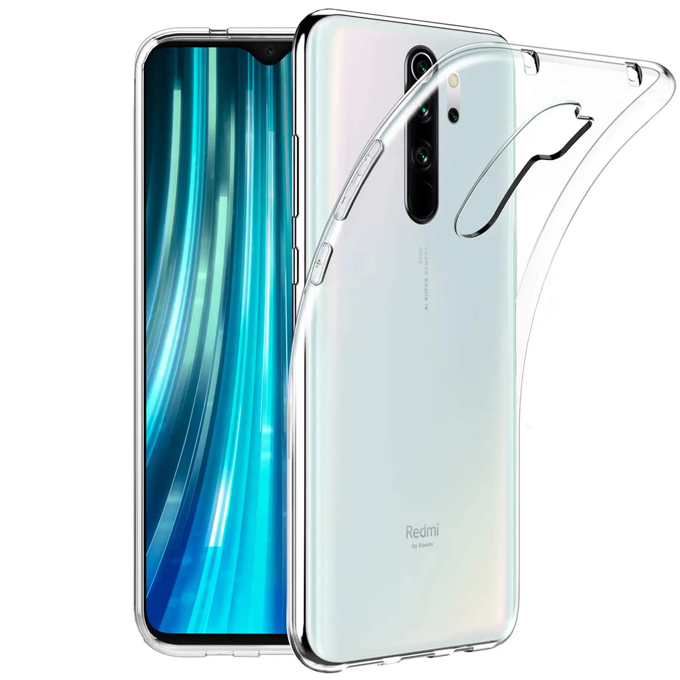 Klar, durchsichtiges Handy-Case aus Silikon, seitliche Ansicht, auf Xiaomi Redmi Note 8 Pro