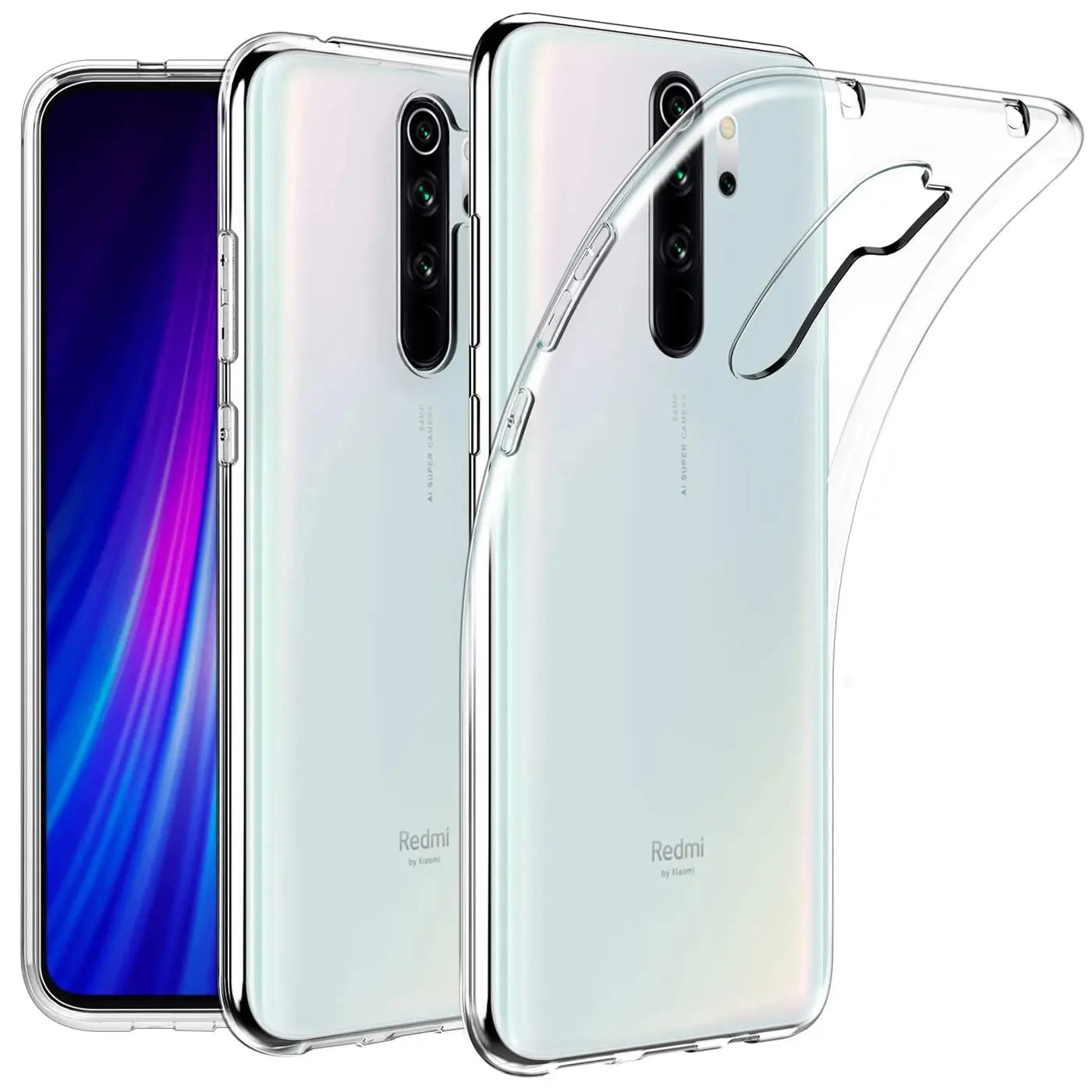 Klares, flexibles Handyhülle aus Silikon für Xiaomi Redmi Note 8 Pro, von vorne und hinten gezeigt.
