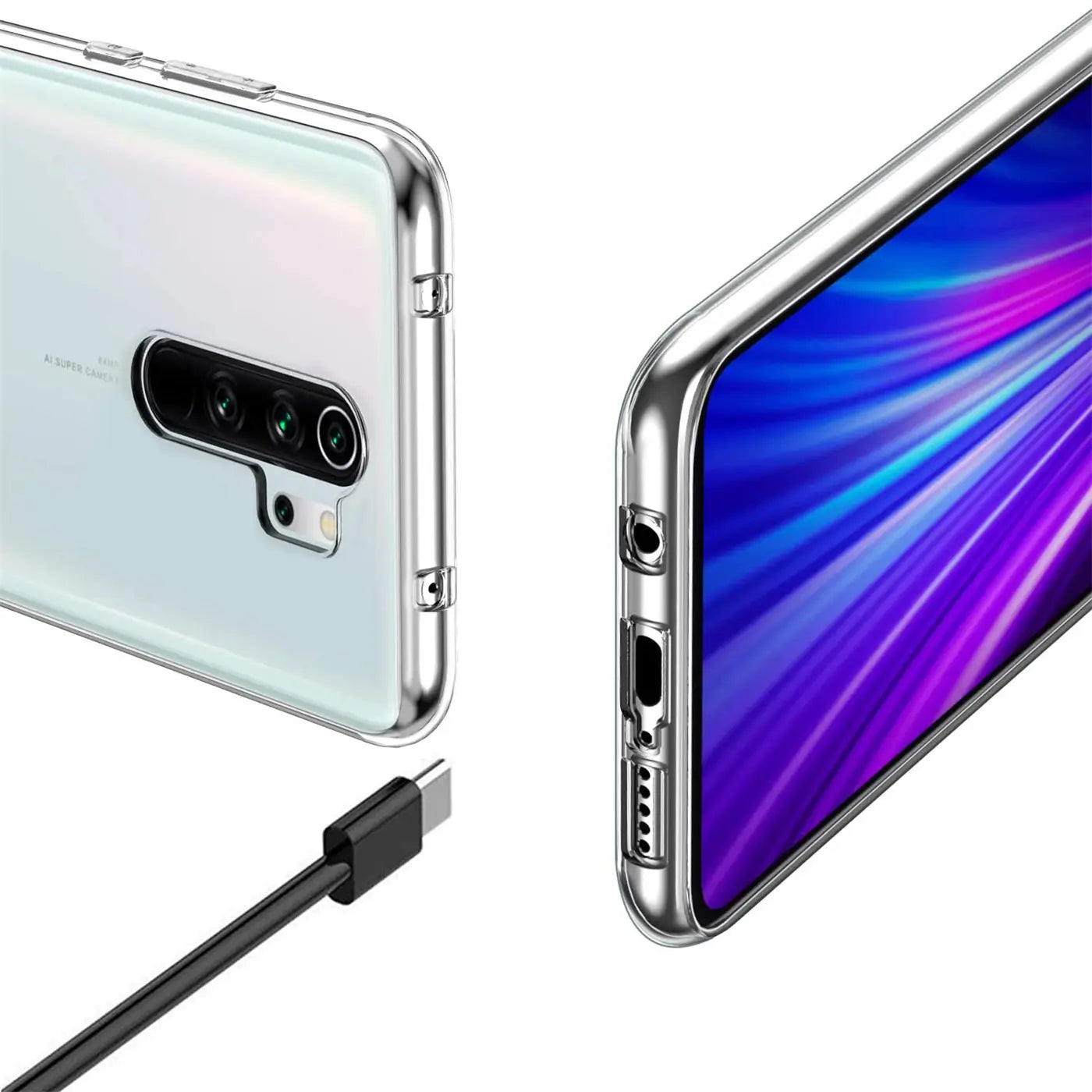 Klares, transparentes Handycase aus TPU mit silbernen Kanten, zeigt Xiaomi Redmi Note 8 Pro.