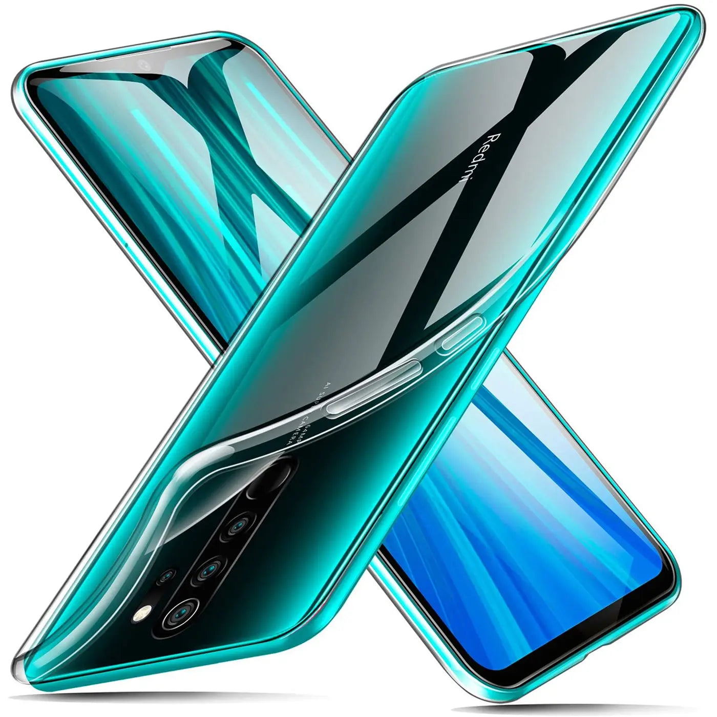 Transparente Hülle aus Kunststoff, schräg von vorne, zeigt Xiaomi Redmi Note 8 Pro.