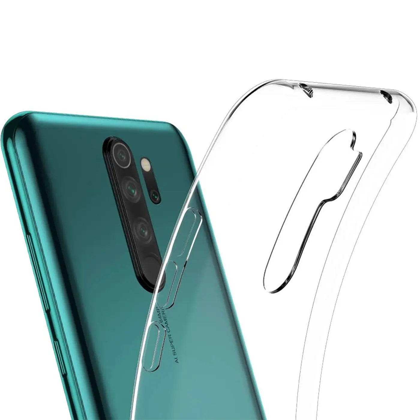 Klar, transparentes Silikoncase auf einem grünen Xiaomi Redmi Note 8 Pro, Rückansicht.