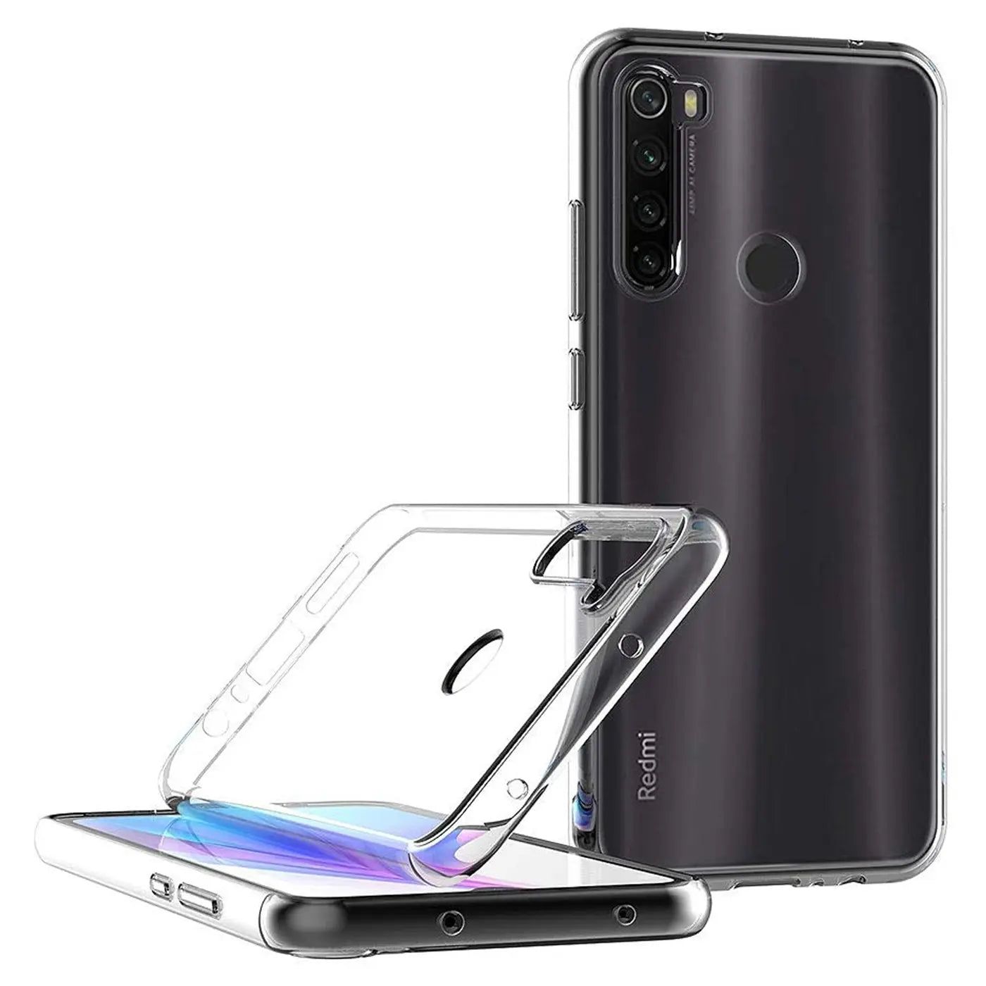 Klar, transparentes Handyhülle, liegt auf einem Xiaomi Redmi Note 8T, Rückansicht.