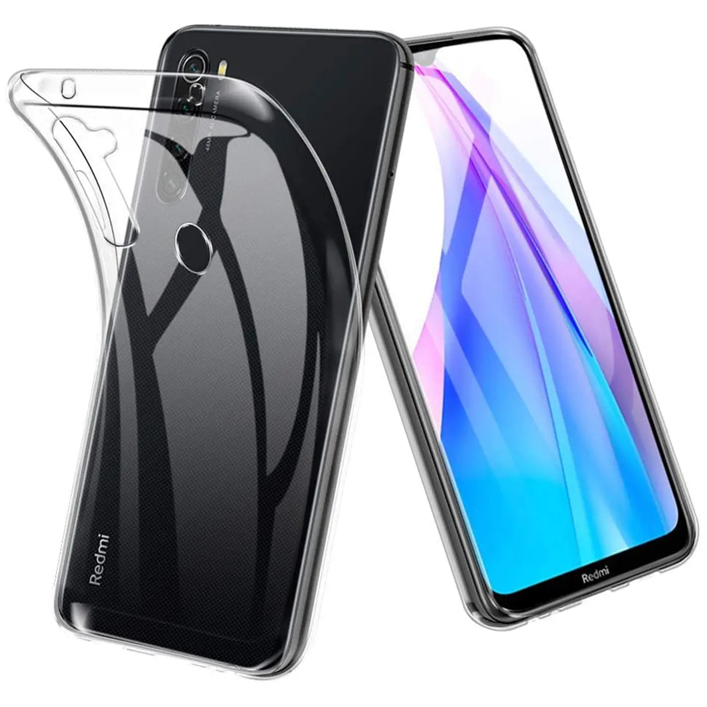 Klar, durchsichtiges TPU-Case auf einem Xiaomi Redmi Note 8T, von vorne links.