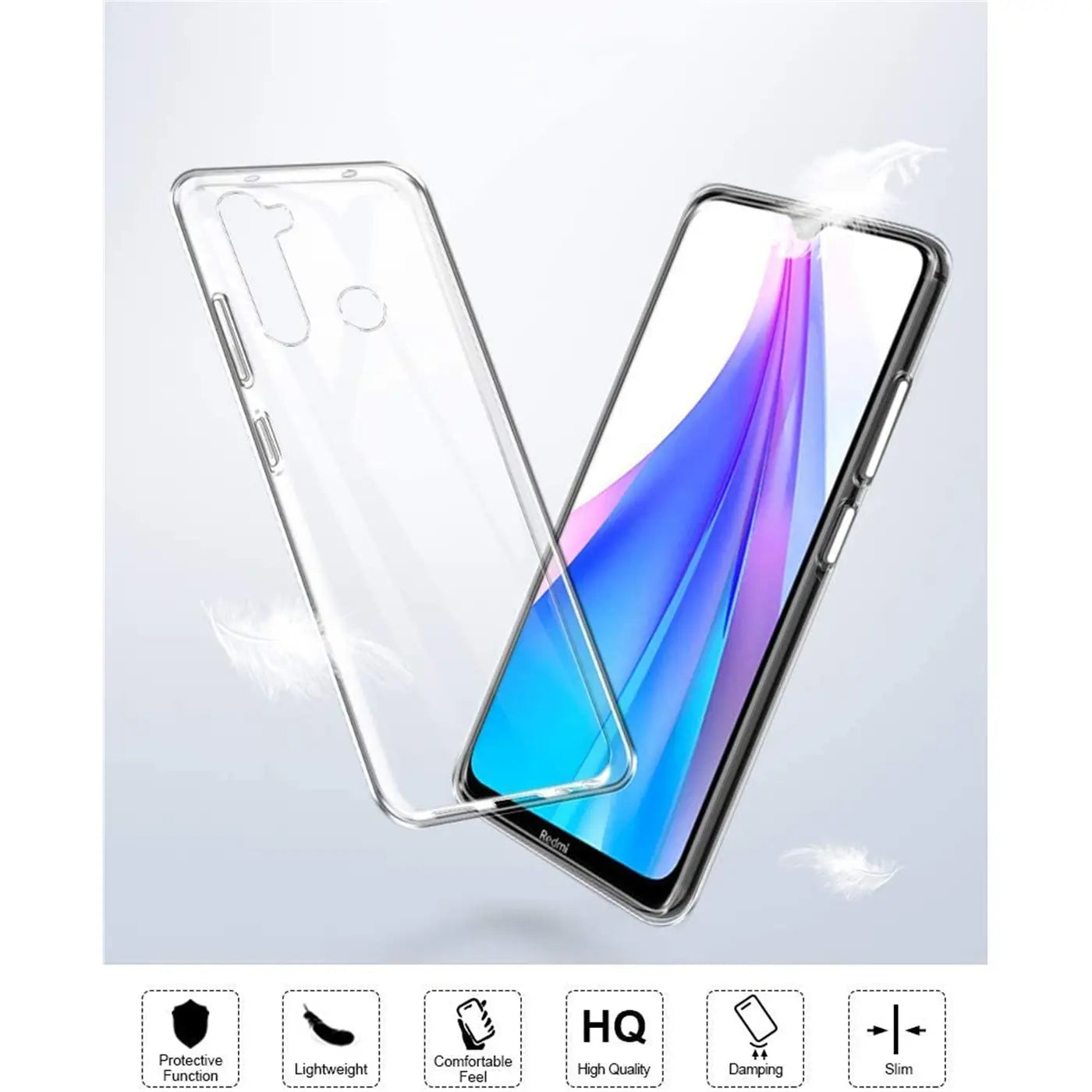 Klar, transparentes Slim Case aus Kunststoff, seitliche Ansicht, mit Xiaomi Redmi Note 8T.