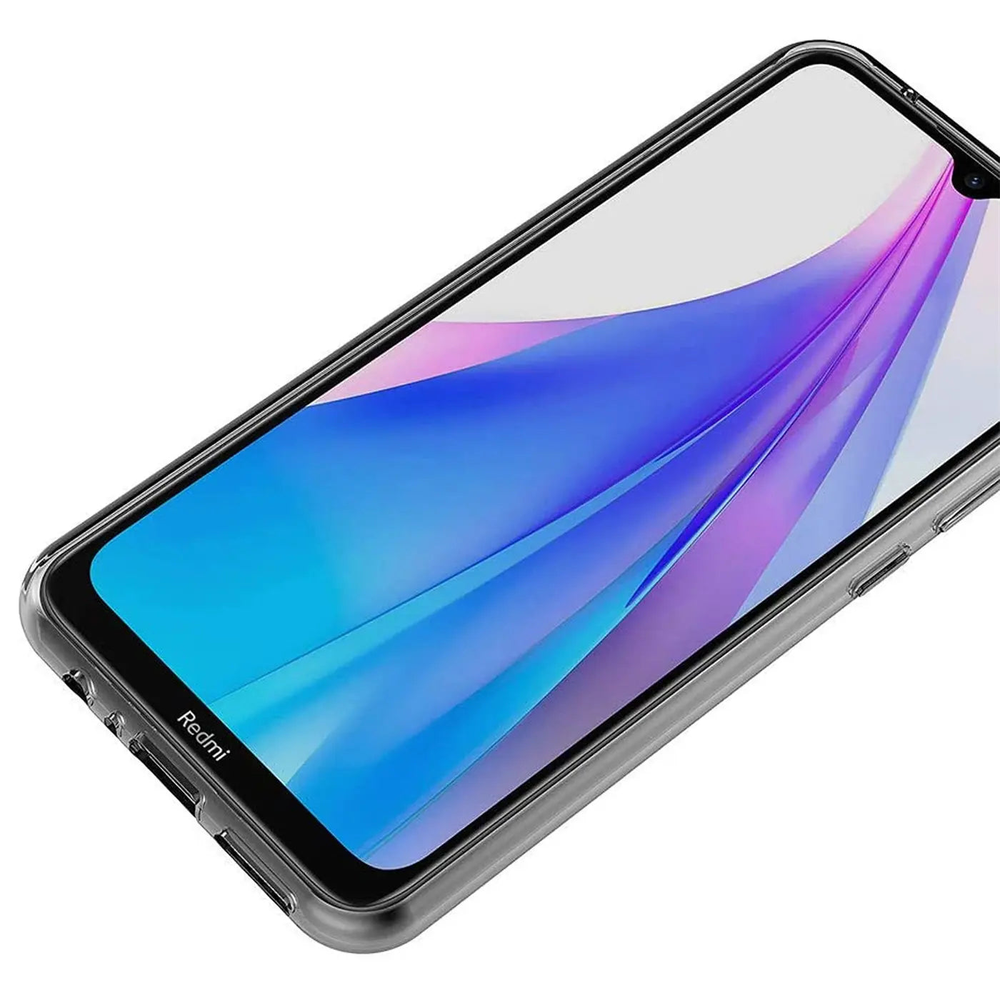 Klares, transparentes Handyhülle aus Kunststoff, schräg von oben auf ein Xiaomi Redmi Note 8T mit buntem Display.