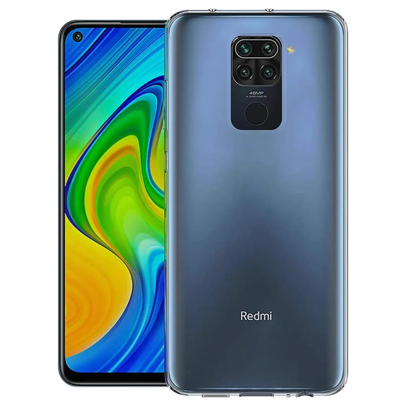Xiaomi Redmi Note 9 in transparentem Case, Rückansicht, leicht schräg