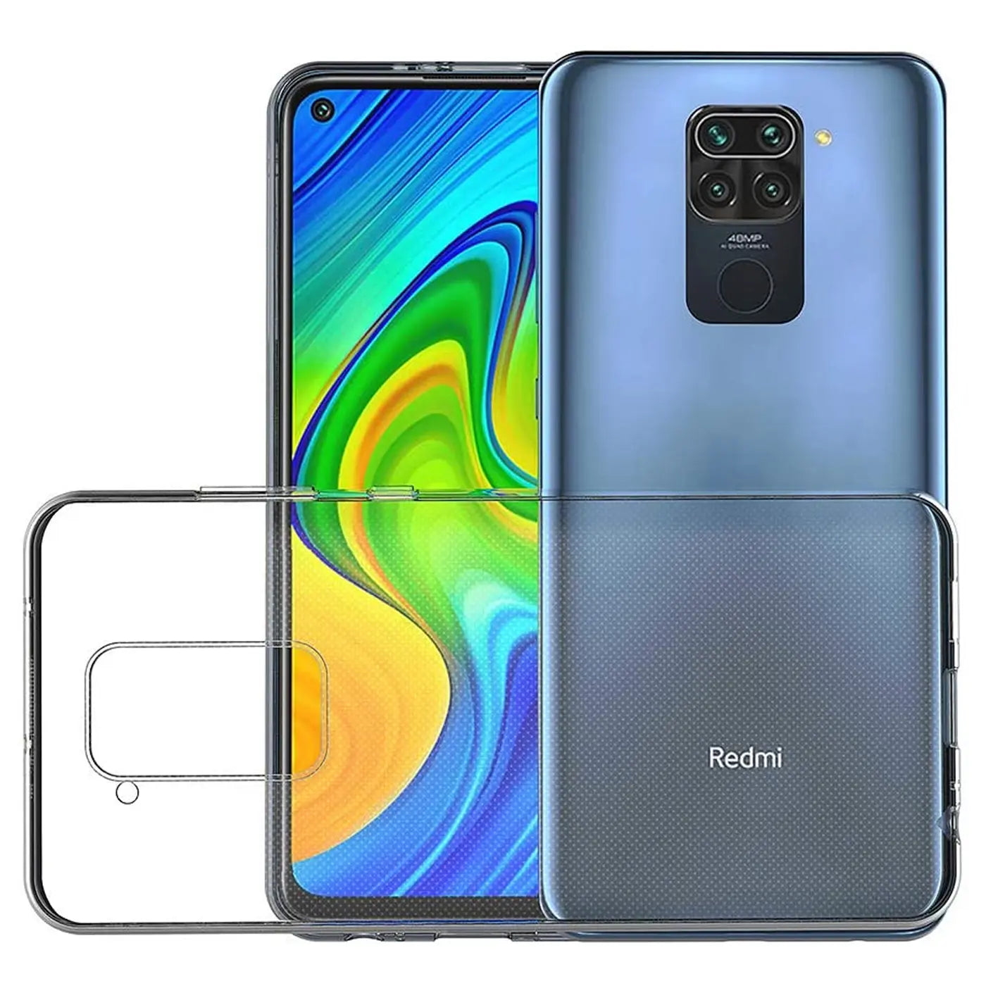 Klares, transparentes Handyhülle aus Kunststoff, Vorder- und Rückansicht, Xiaomi Redmi Note 9.