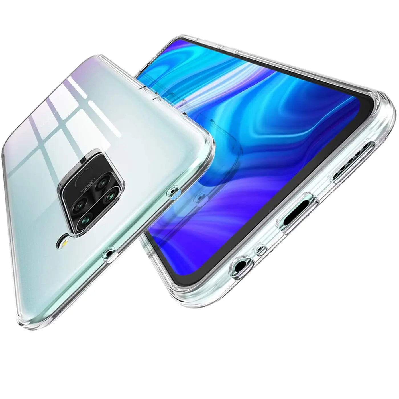 Klares, transparentes Handy-Case aus Kunststoff, von schräg oben, zeigt Xiaomi Redmi Note 9.
