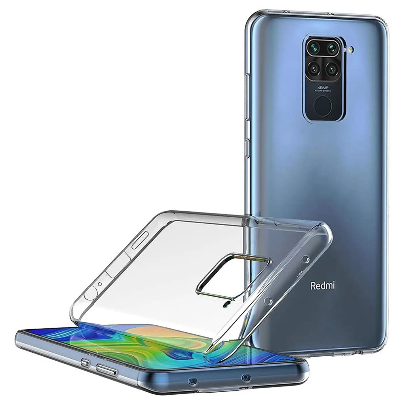 Klarhülle aus Silikon, leicht angewinkelt, zeigt Rückseite und Vorderseite eines Xiaomi Redmi Note 9.