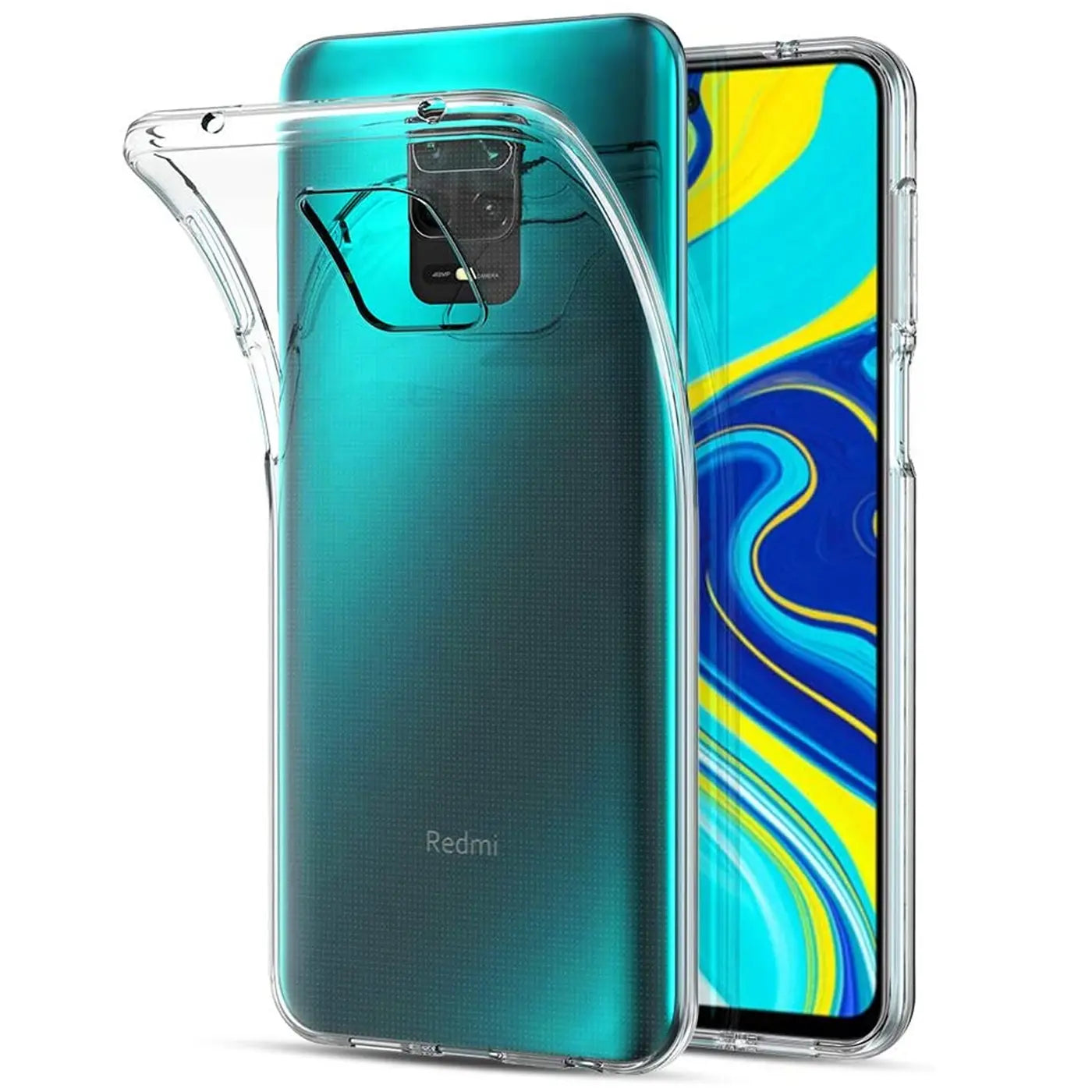 Klarhülle aus Kunststoff, leicht geöffnet, zeigt Rückseite und Vorderseite eines Xiaomi Redmi Note 9 Pro/9S.