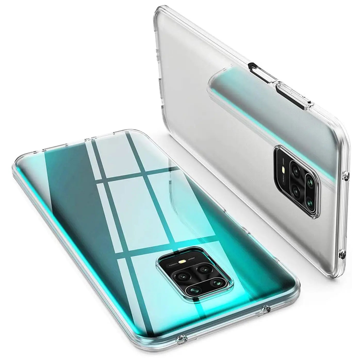 Zwei transparente Handyhüllen aus Kunststoff, seitliche Ansicht, für Xiaomi Redmi Note 9 Pro/9S.