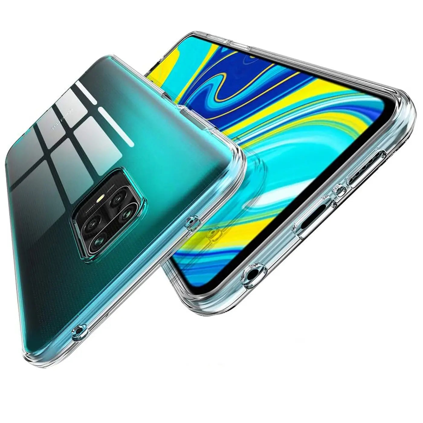 Klares Handyhülle aus Kunststoff, zeigt Rückseite und Bildschirm eines Xiaomi Redmi Note 9 Pro/9S.